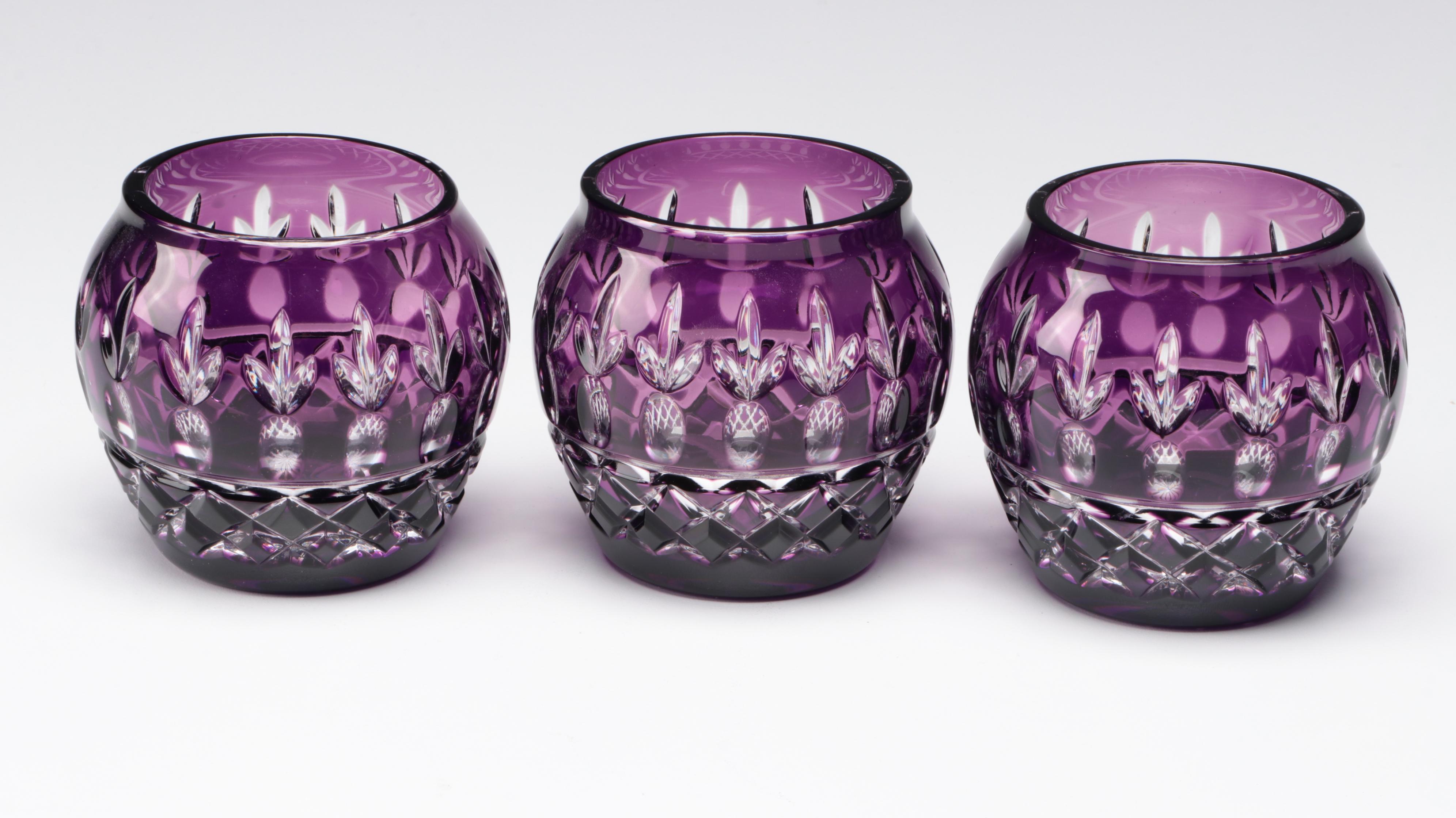 Bohemian Style Cut to Clear Votives with Other Purple Glass Table Décor