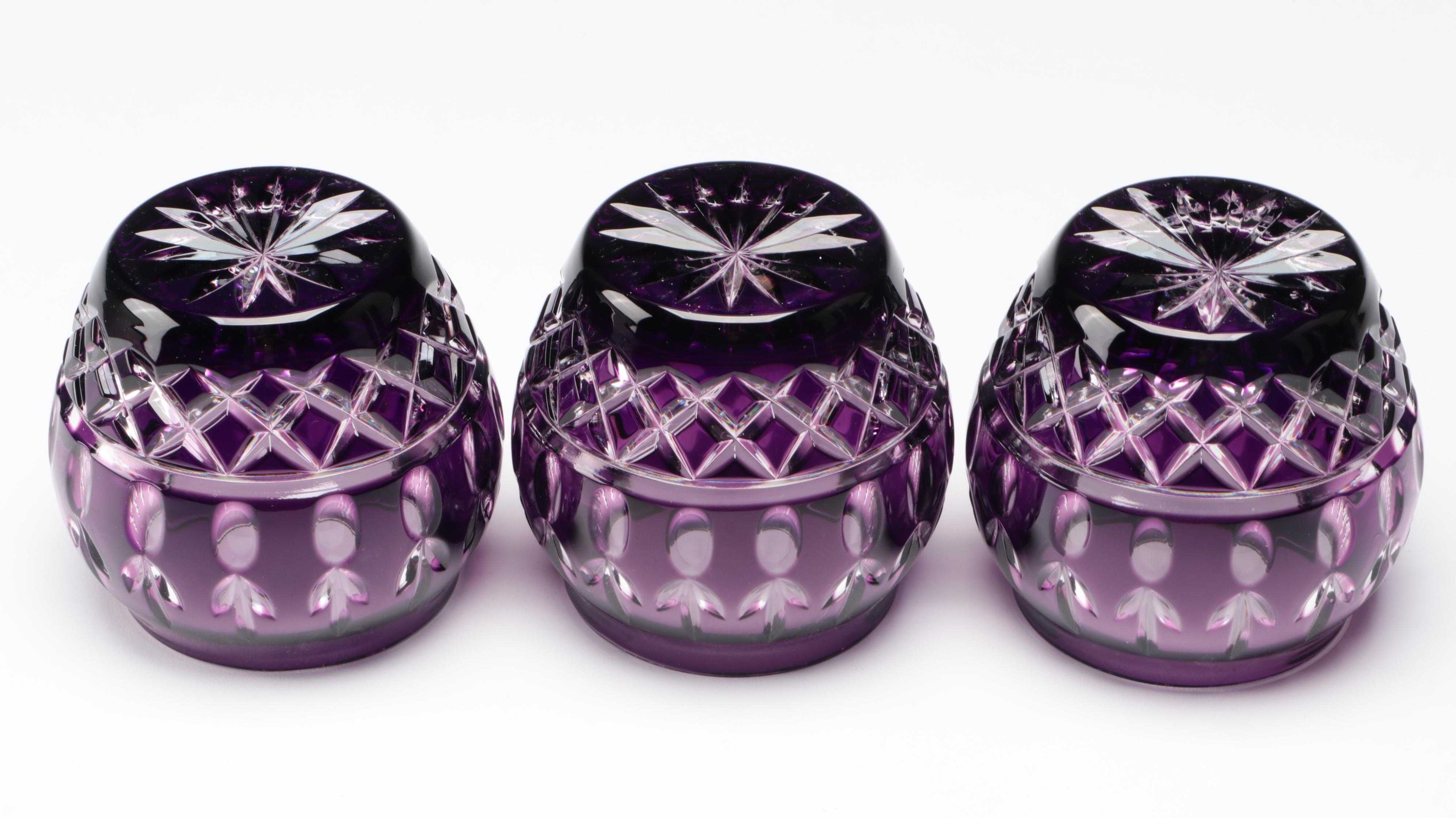 Bohemian Style Cut to Clear Votives with Other Purple Glass Table Décor