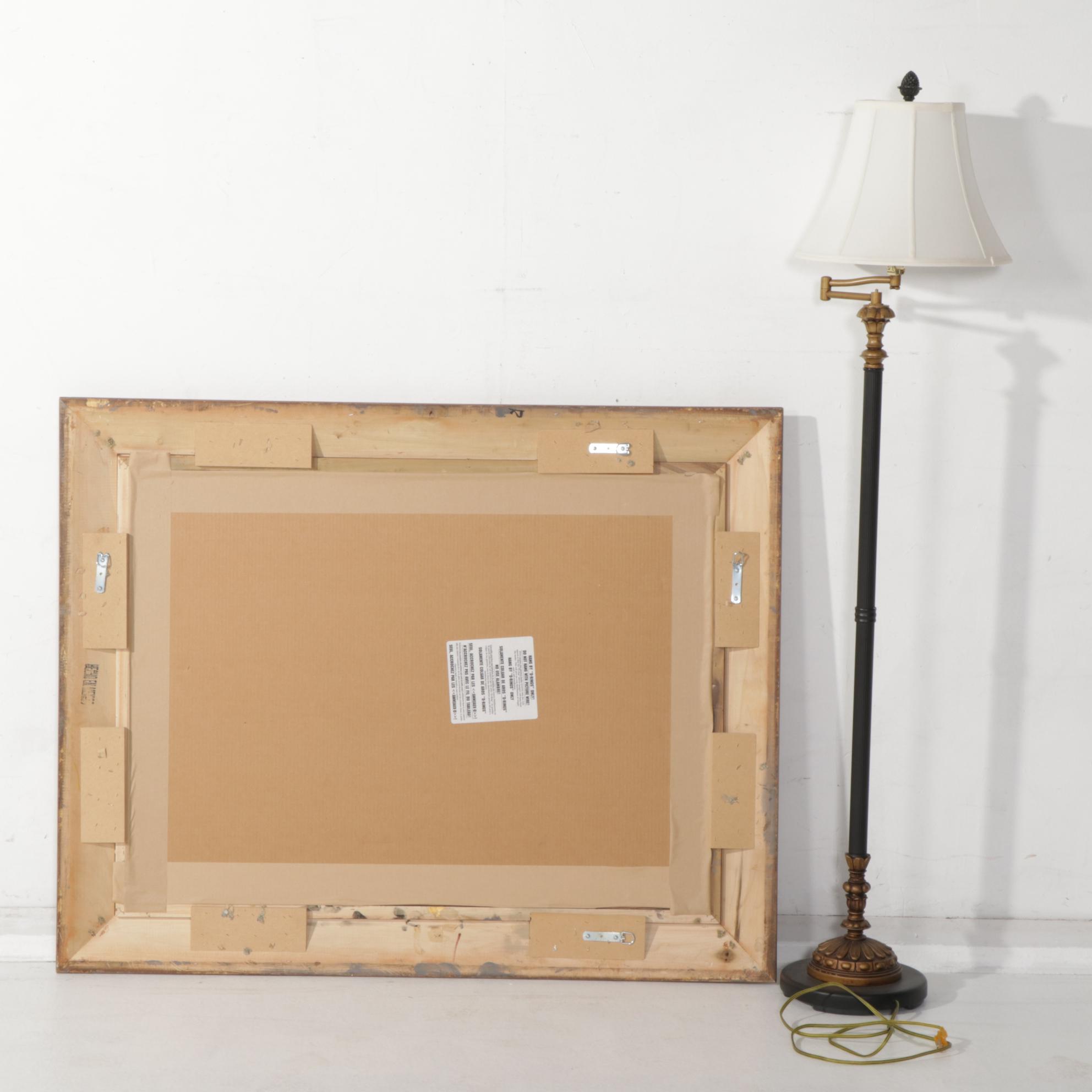 Mexican Black and Bronzed Gilt Finish Wall Mirror with Metal Floor Lamp