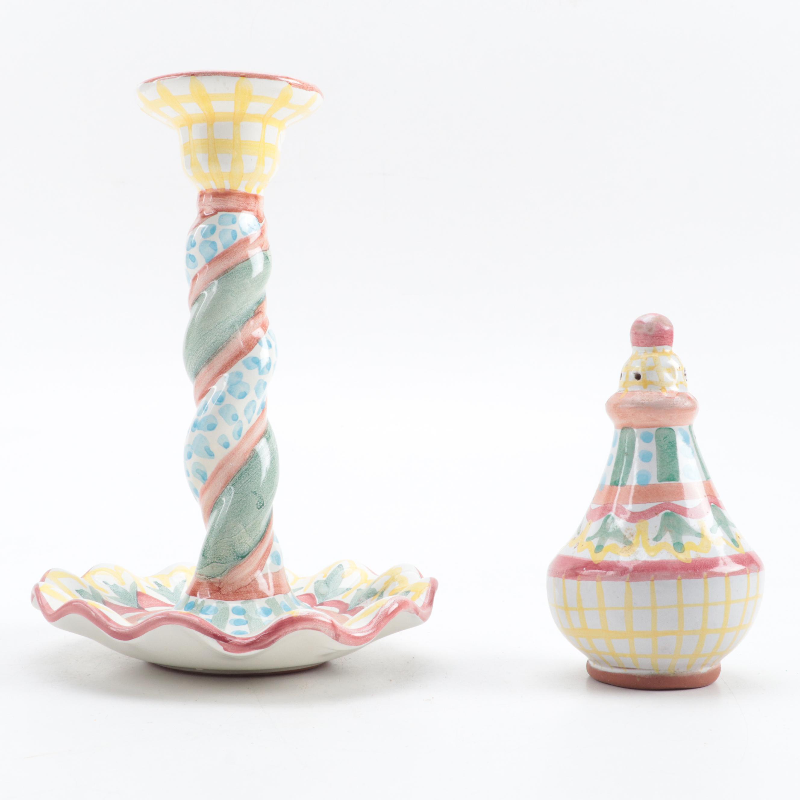 MacKenzie Childs "Madison" Earthenware Twist Candlestick and Shaker