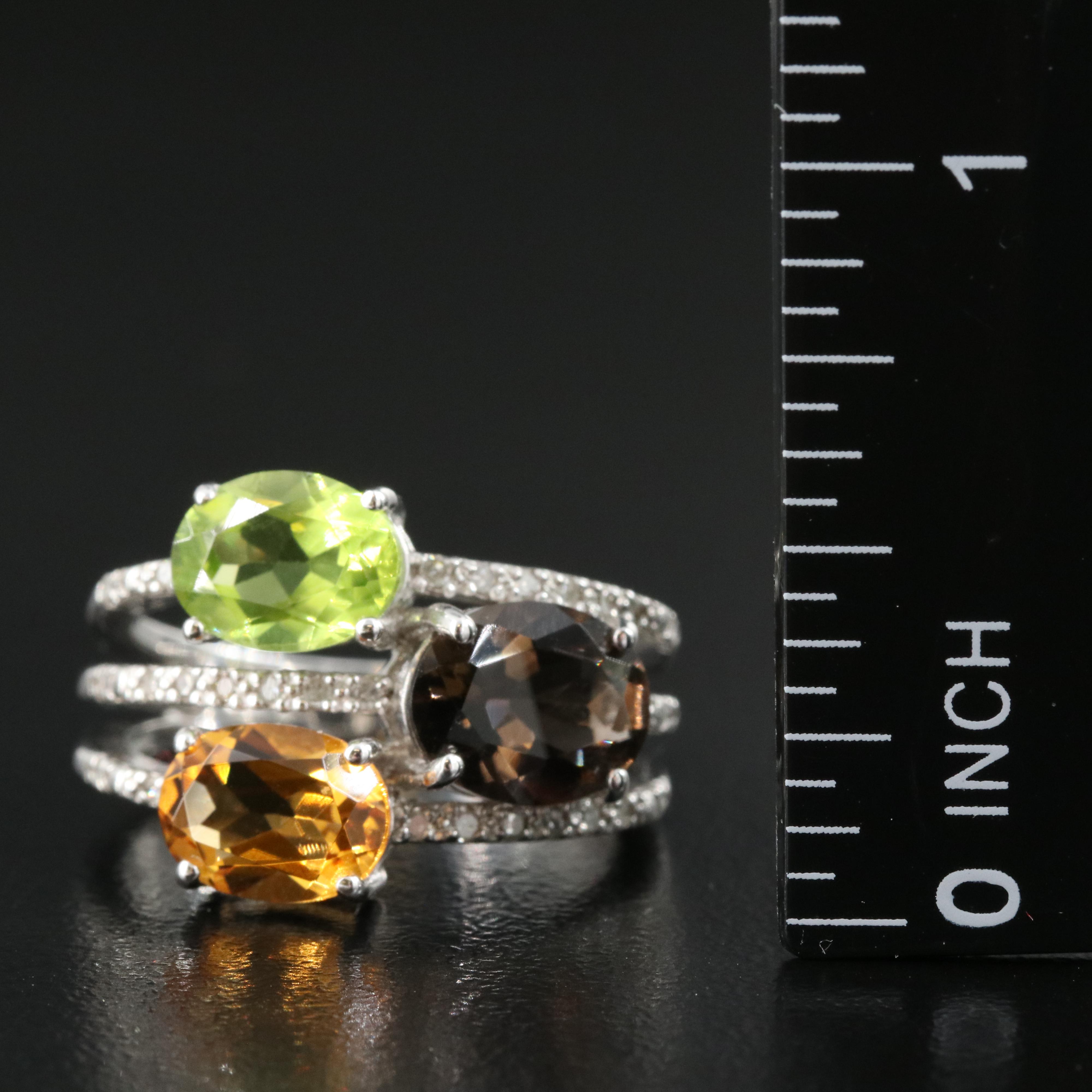 Sterling Ring Including Smoky Quartz, Peridot and Diamond