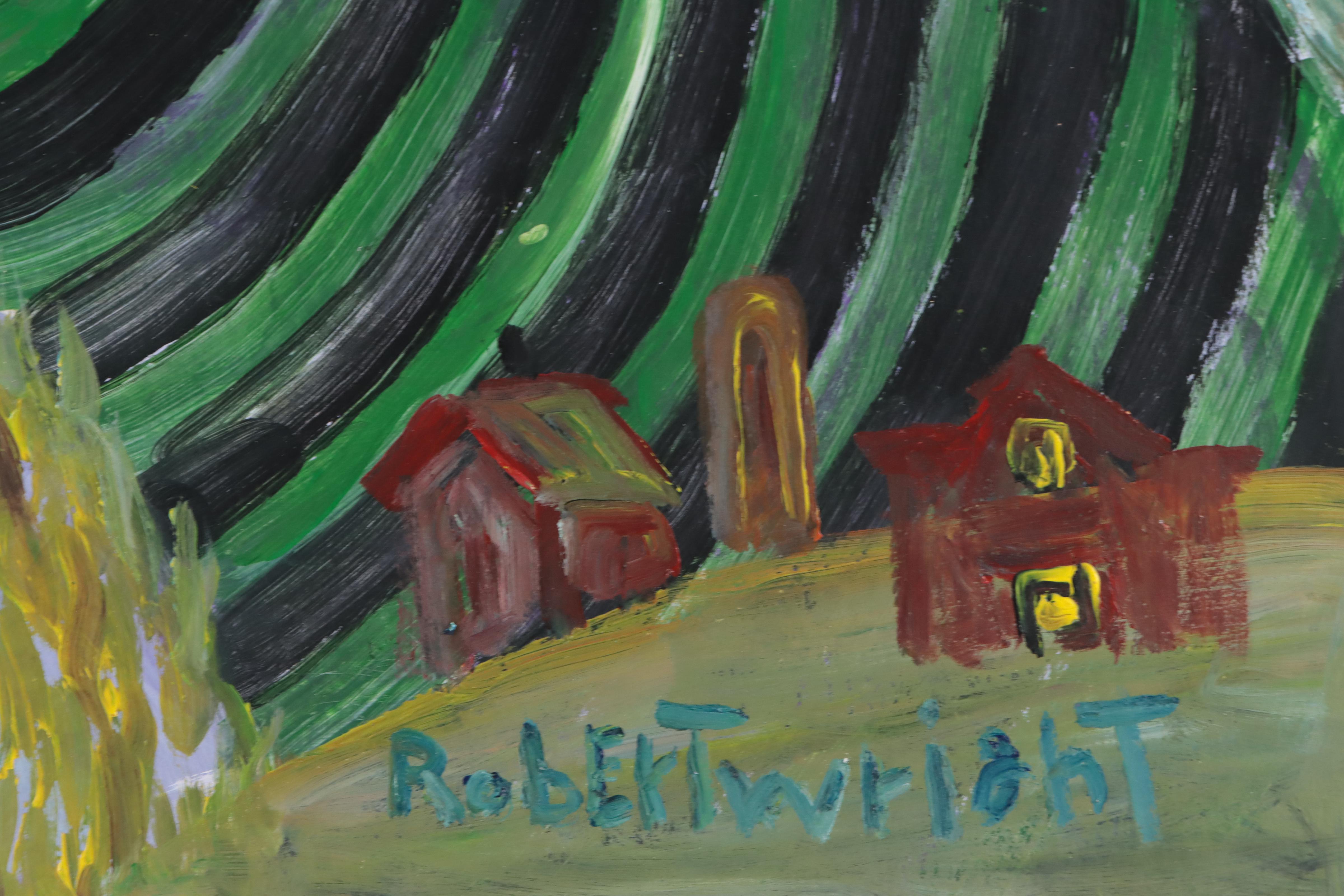 Robert Wright Folk Art Landscape Acrylic Painting, Late 20th Century