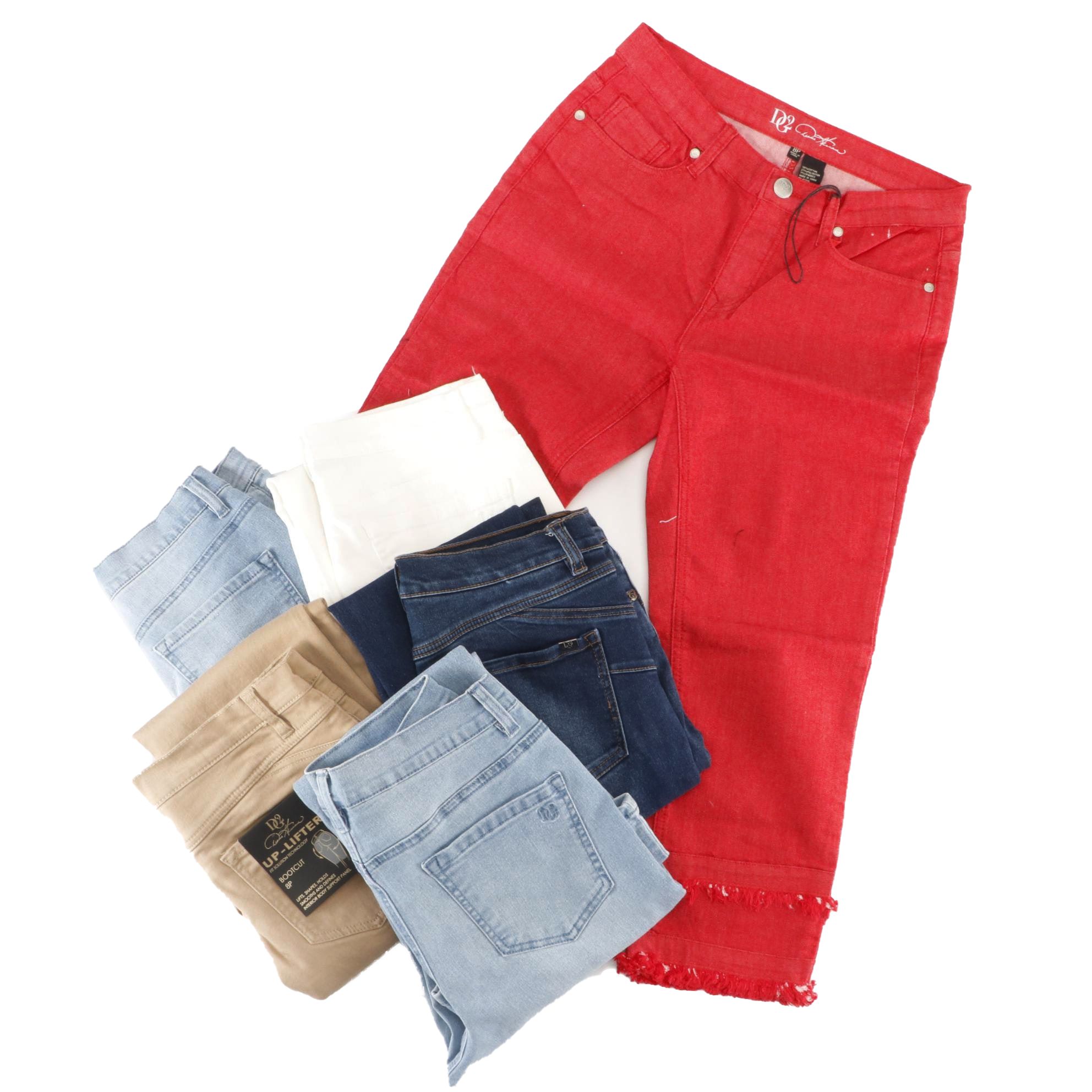 DG2 Five Pocket Bootcut Jeans in Denim and Colors with Cropped Jeans in Red