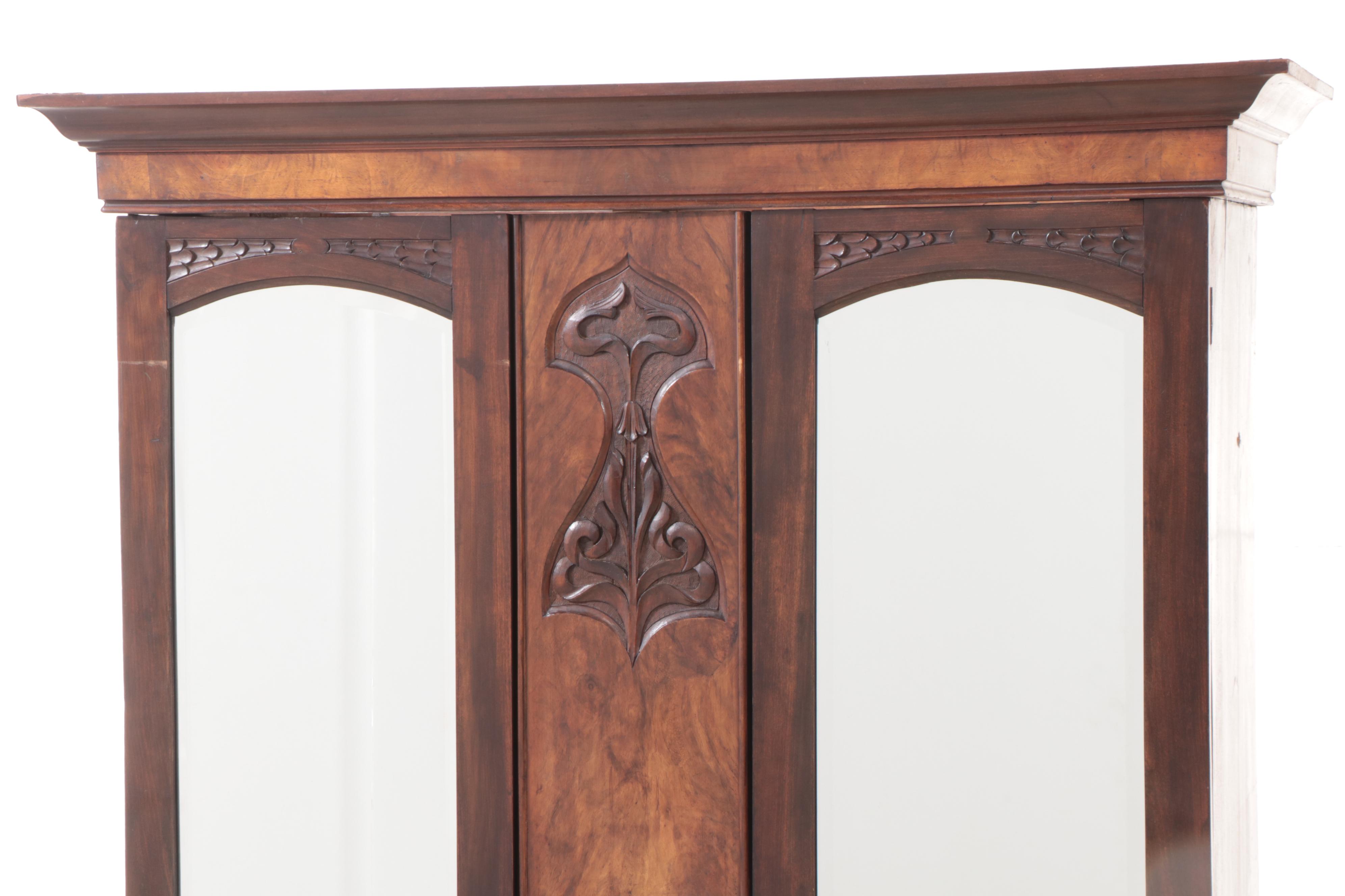 Art Nouveau Carved and Burl Walnut Wardrobe, Early 20th Century