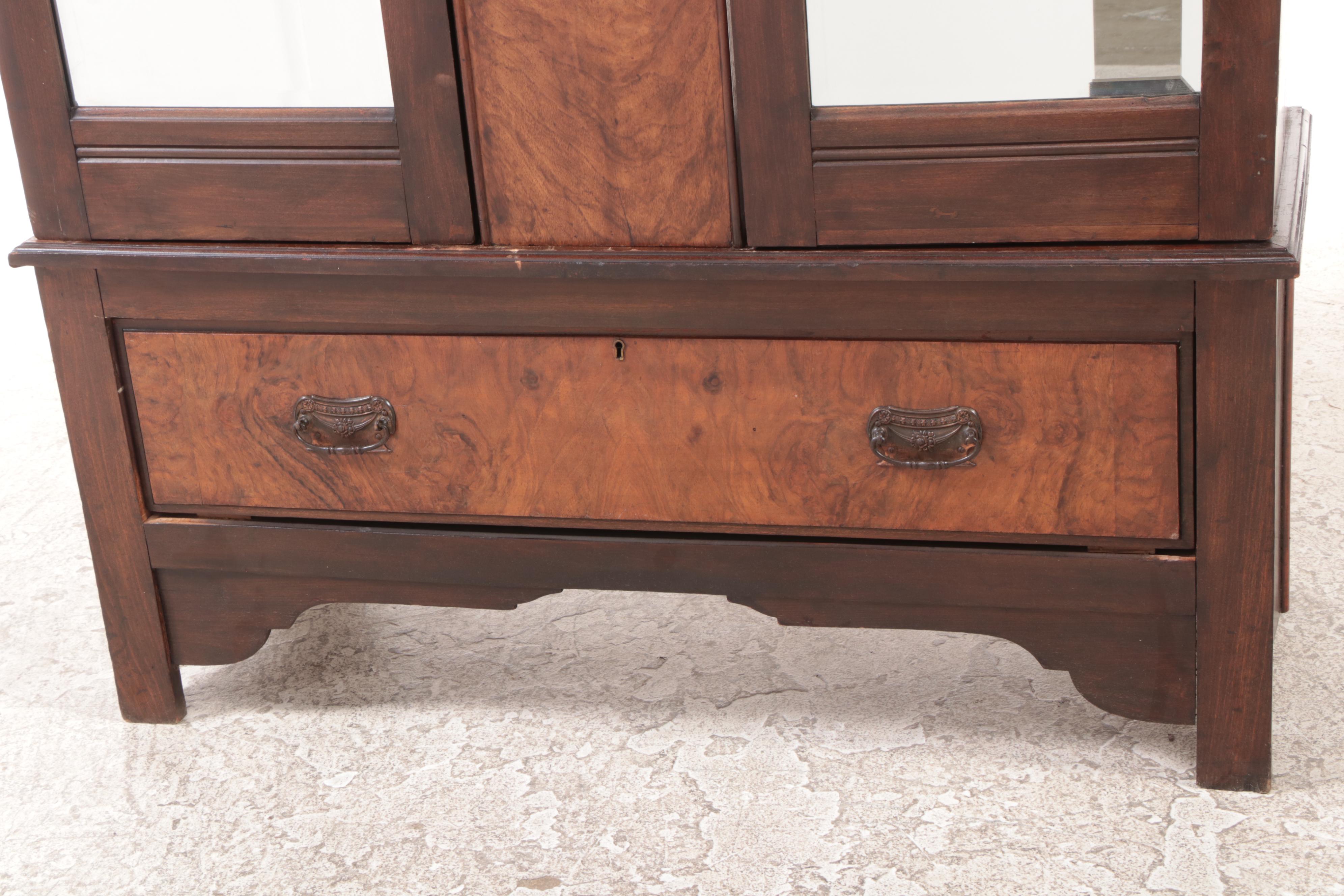 Art Nouveau Carved and Burl Walnut Wardrobe, Early 20th Century