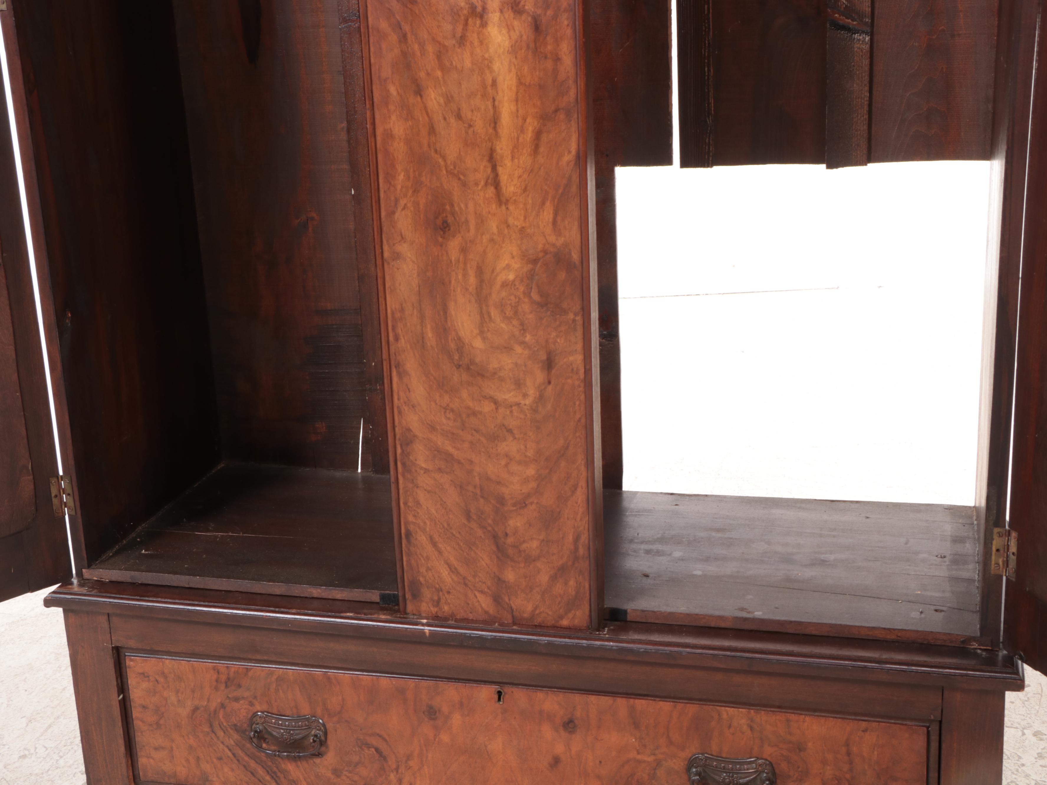 Art Nouveau Carved and Burl Walnut Wardrobe, Early 20th Century