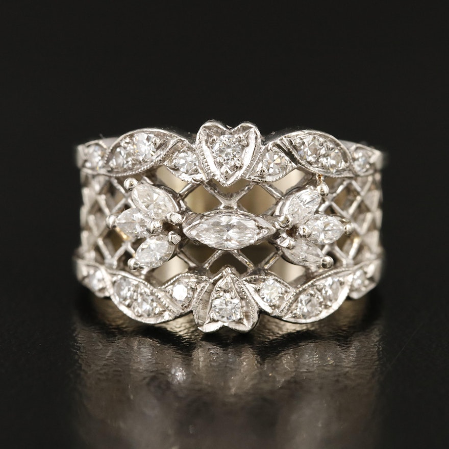 Vintage 14K 0.92 CTW Diamond Lattice and Heart Ring