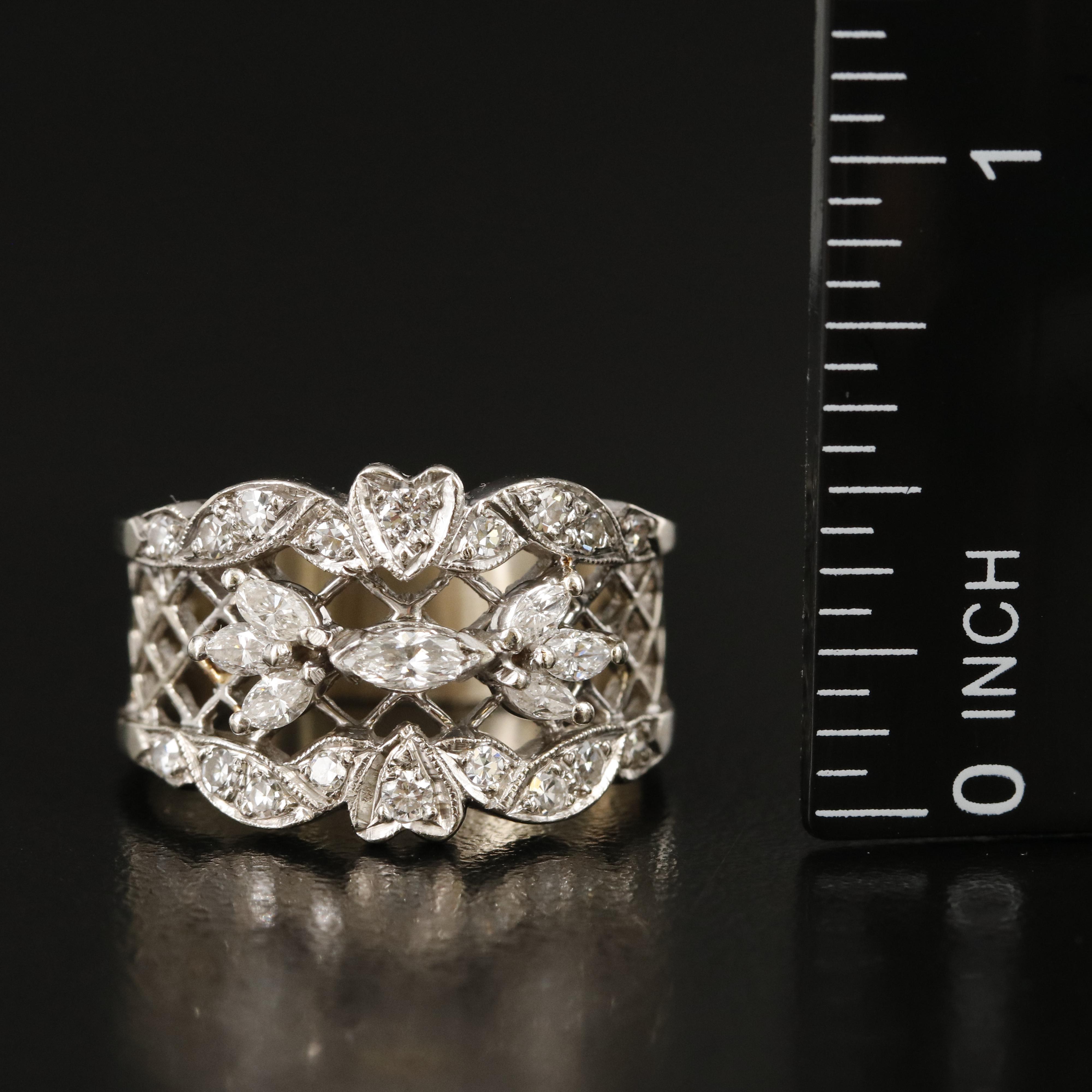 Vintage 14K 0.92 CTW Diamond Lattice and Heart Ring
