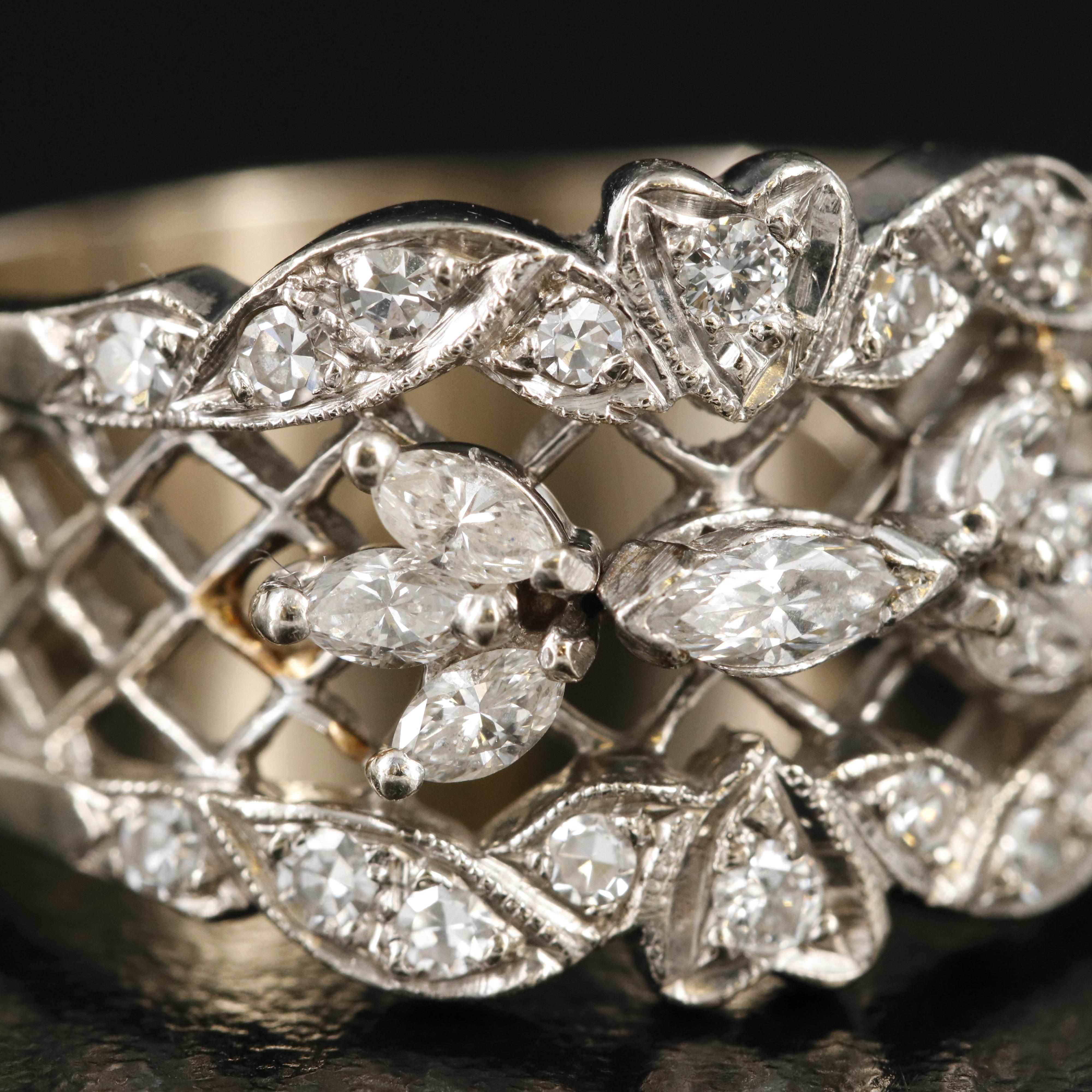 Vintage 14K 0.92 CTW Diamond Lattice and Heart Ring