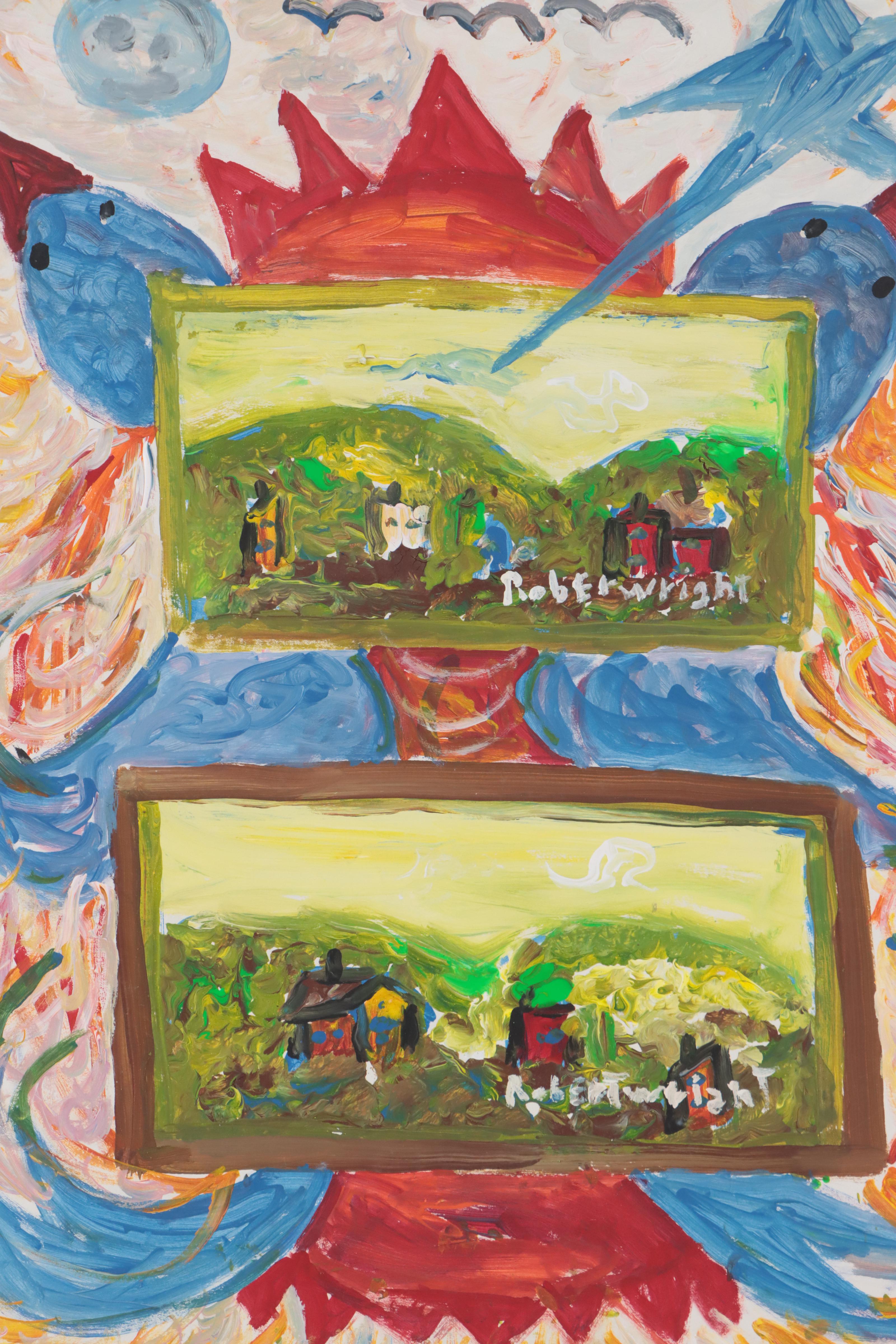 Robert Wright Folk Art Acrylic Painting of Bird Motif and Landscapes