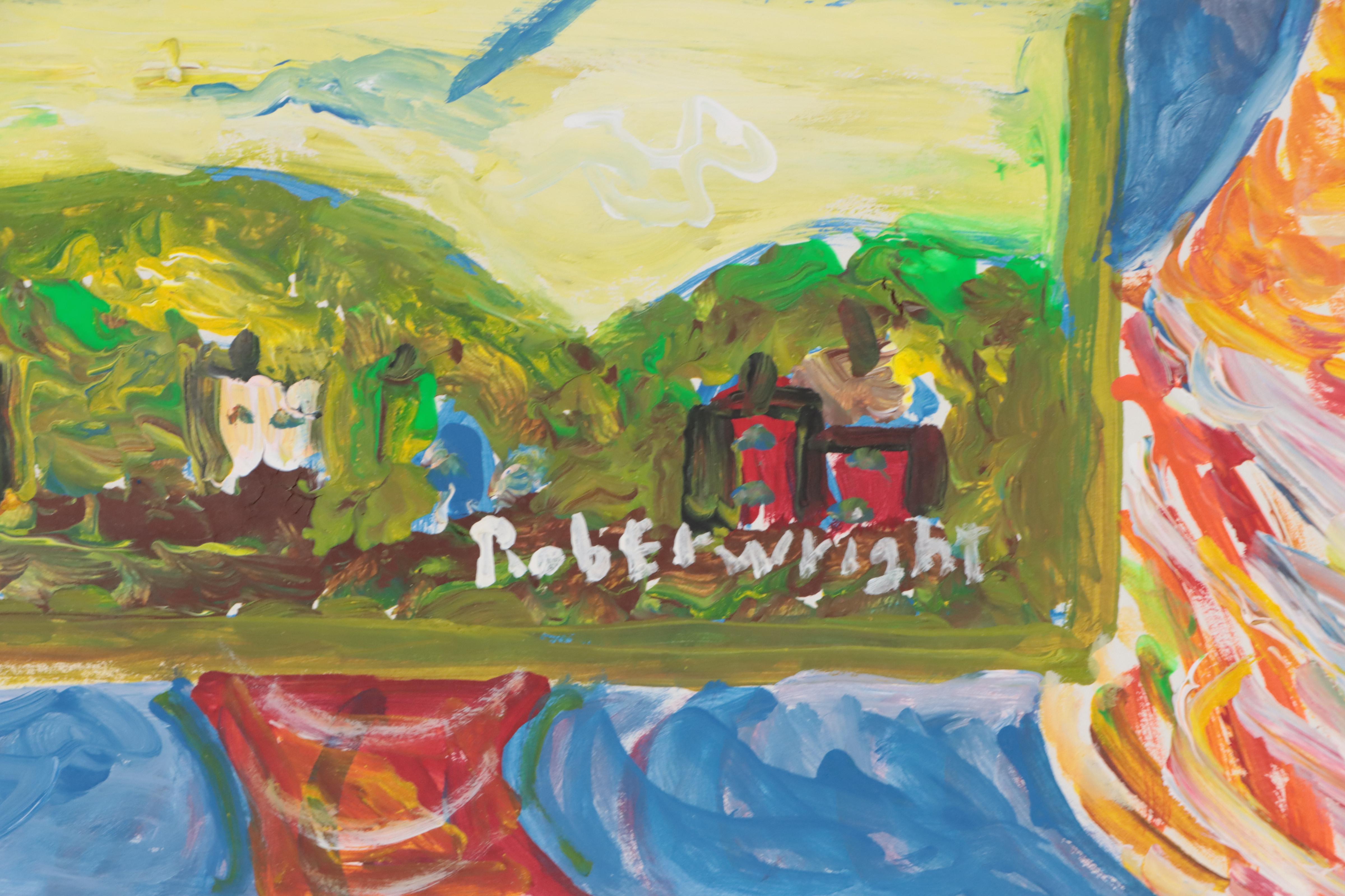 Robert Wright Folk Art Acrylic Painting of Bird Motif and Landscapes