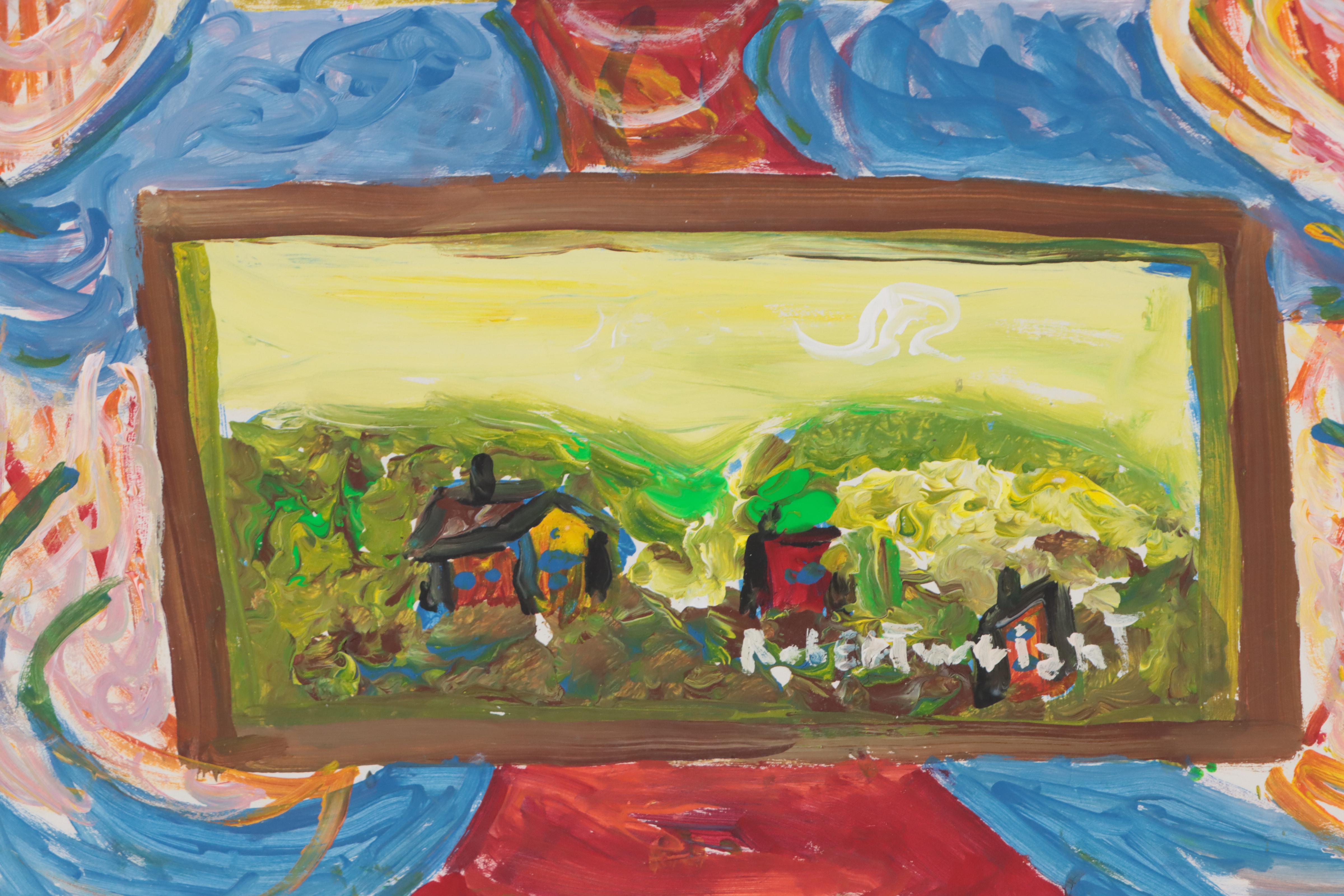 Robert Wright Folk Art Acrylic Painting of Bird Motif and Landscapes