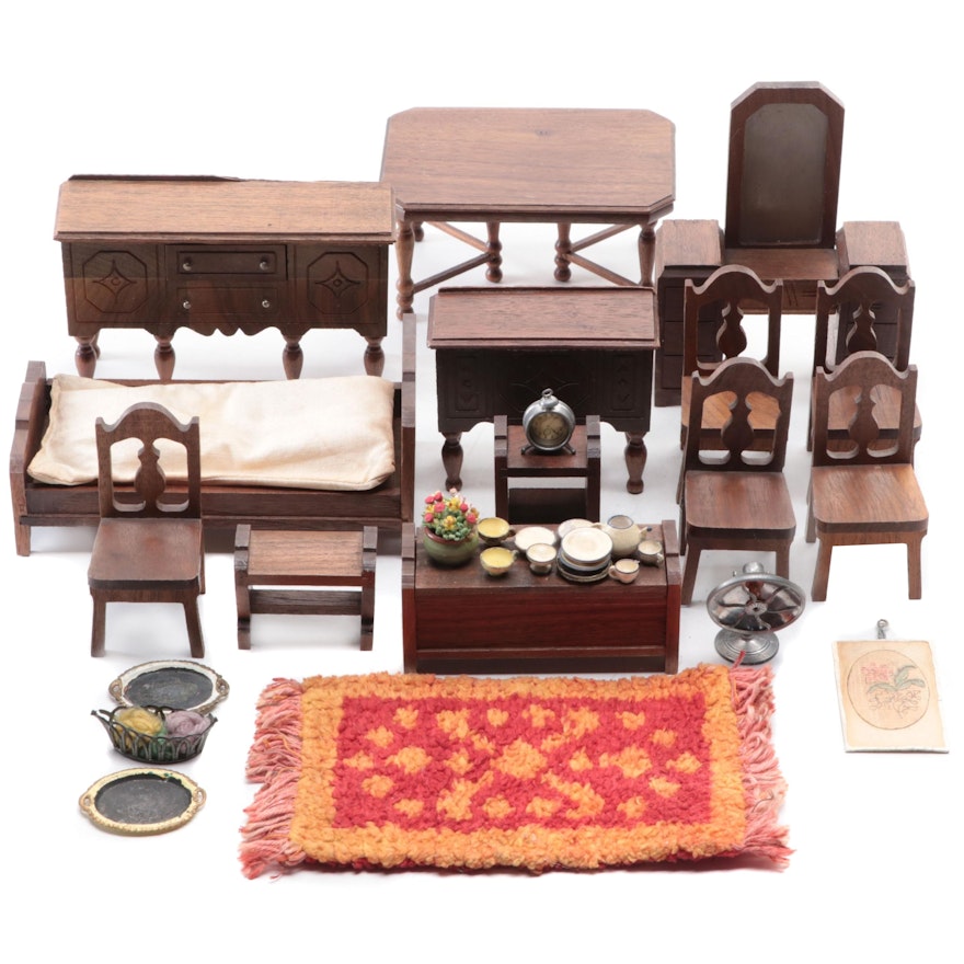 Wooden Dollhouse Furniture and Accessories, Mid to Late 20th Century