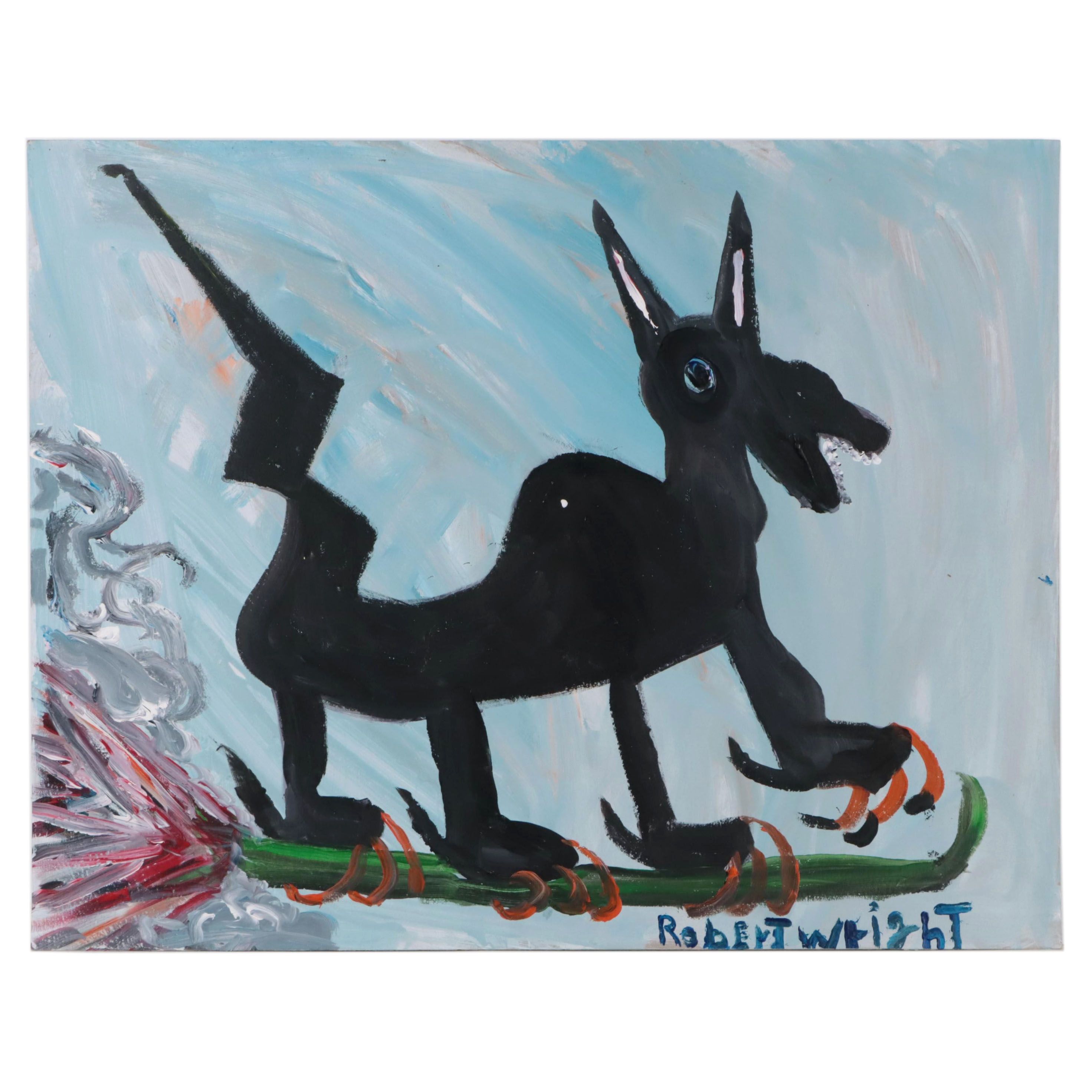 Robert Wright Folk Art Acrylic Painting of Dog, Late 20th Century