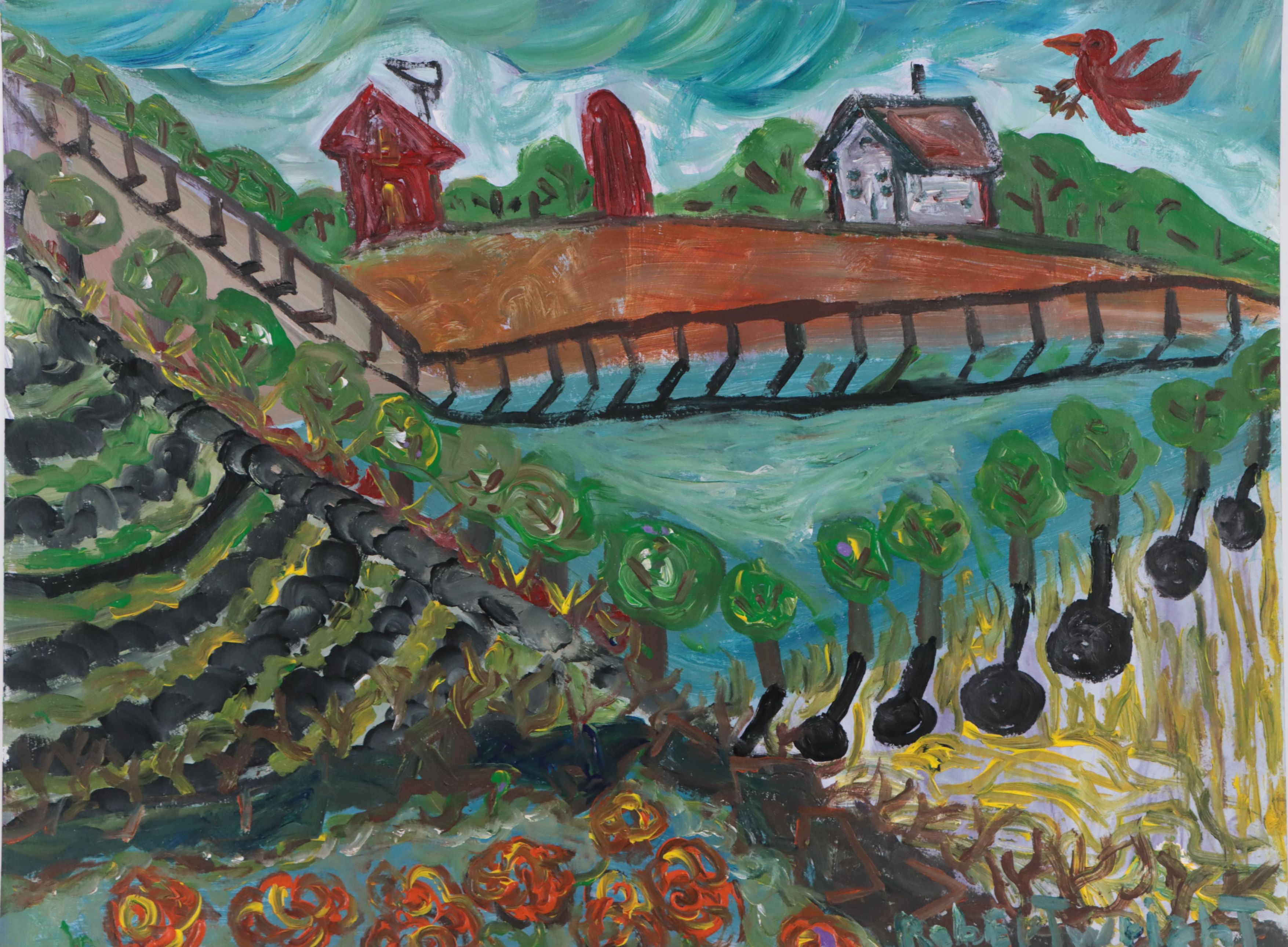Robert Wright Folk Art Landscape Acrylic Painting, Late 20th Century