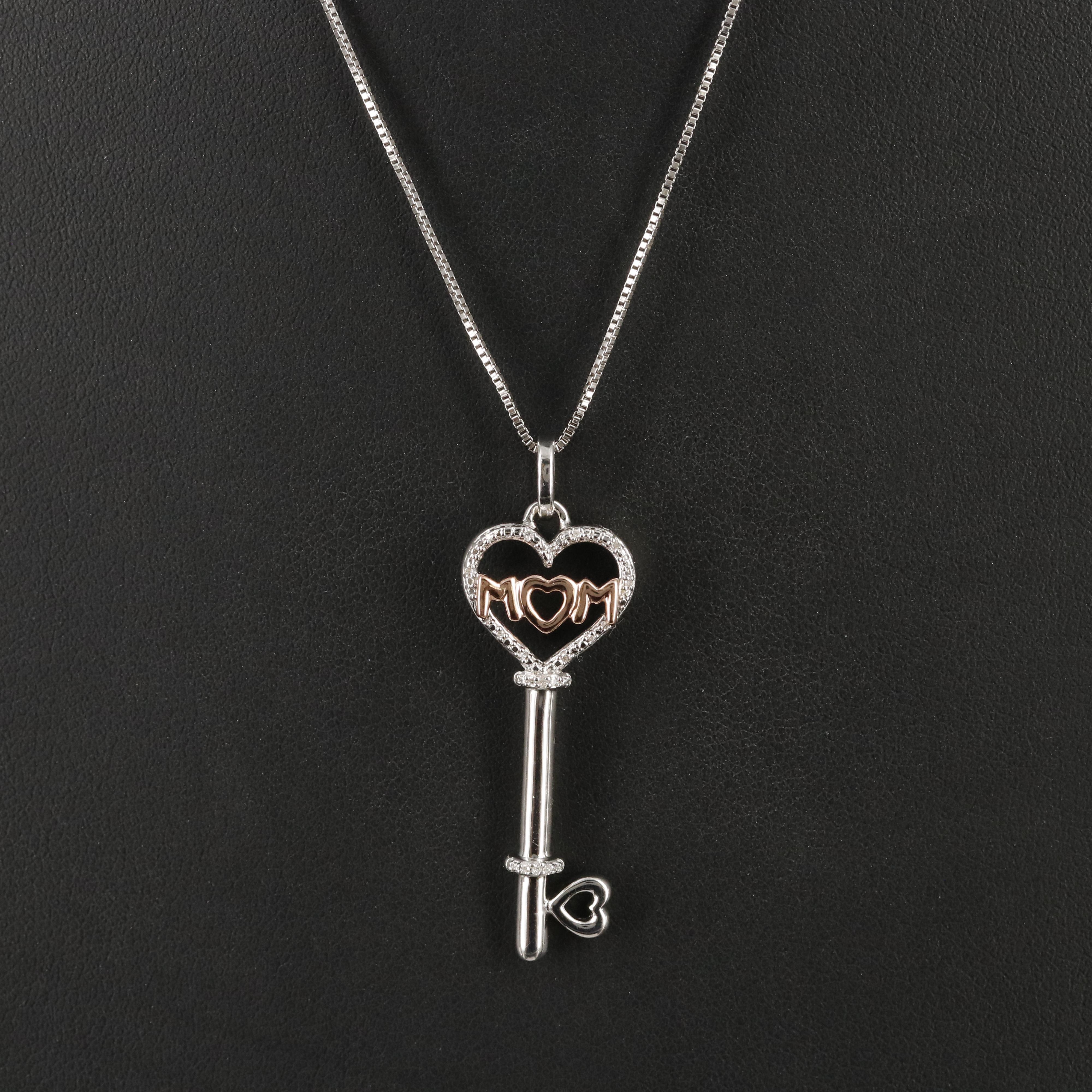 Sterling Diamond "Mom" Heart Key Necklace