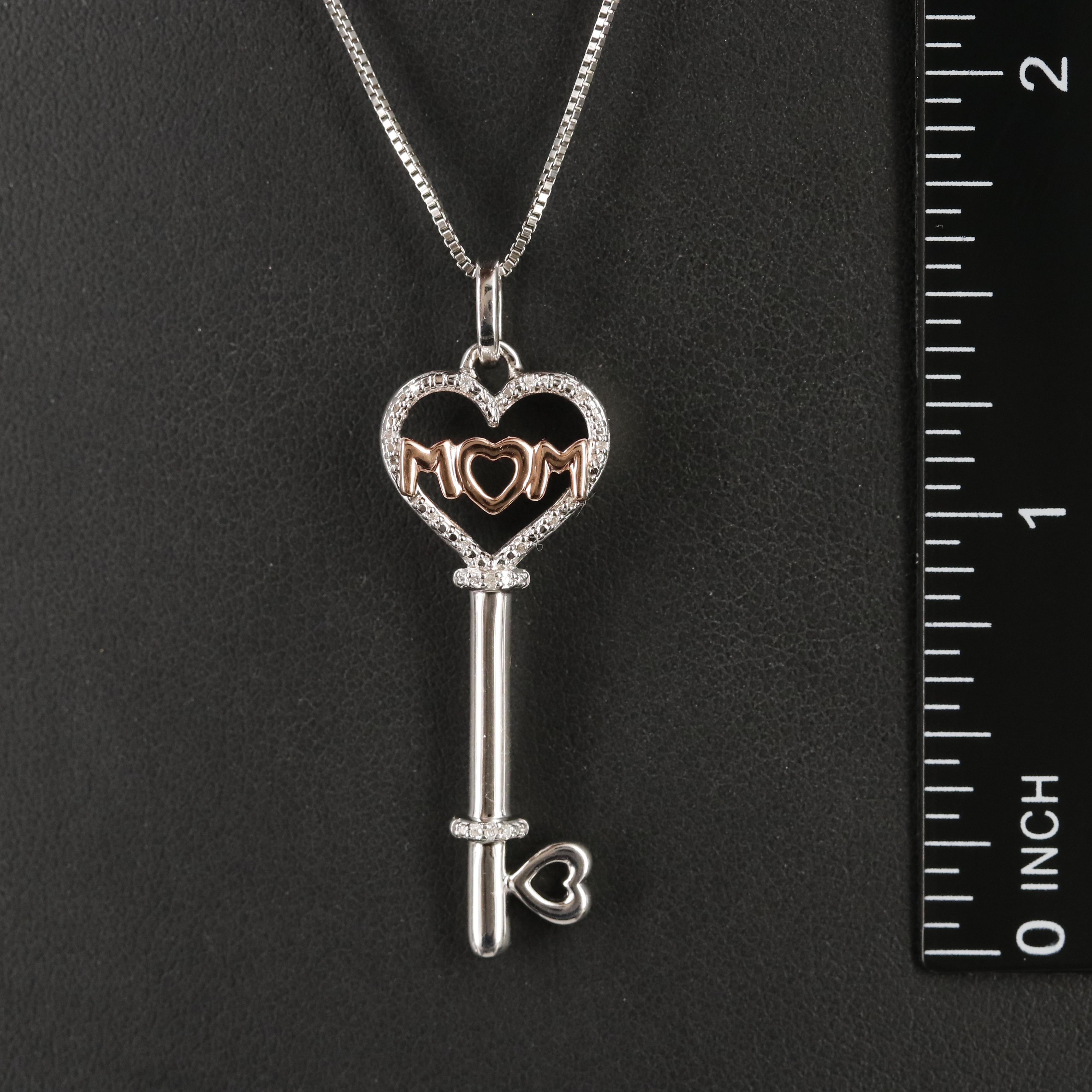 Sterling Diamond "Mom" Heart Key Necklace