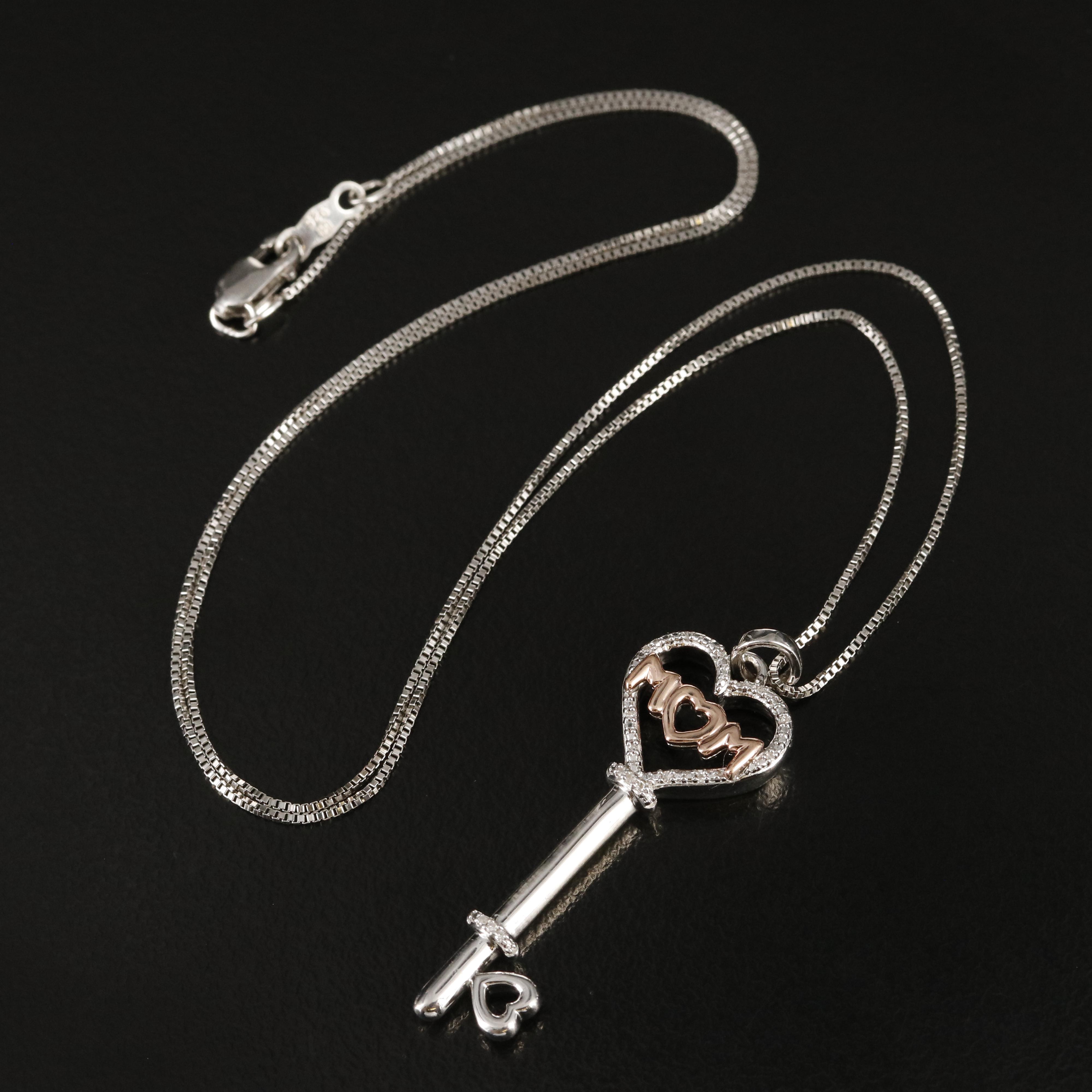 Sterling Diamond "Mom" Heart Key Necklace