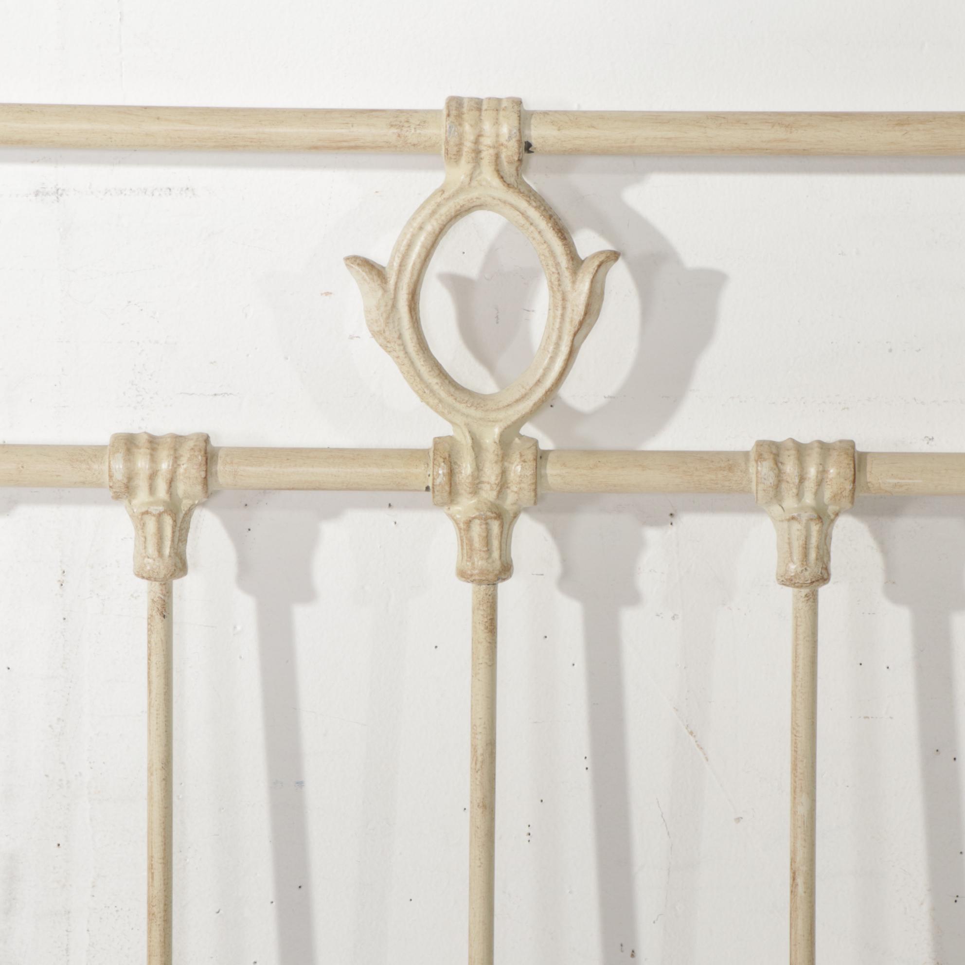 Victorian Style Antiqued Ivory Metal King Size Headboard and Foot Board