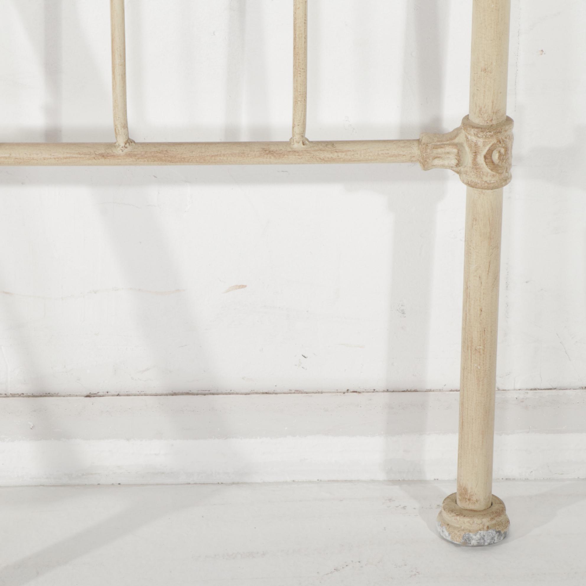 Victorian Style Antiqued Ivory Metal King Size Headboard and Foot Board