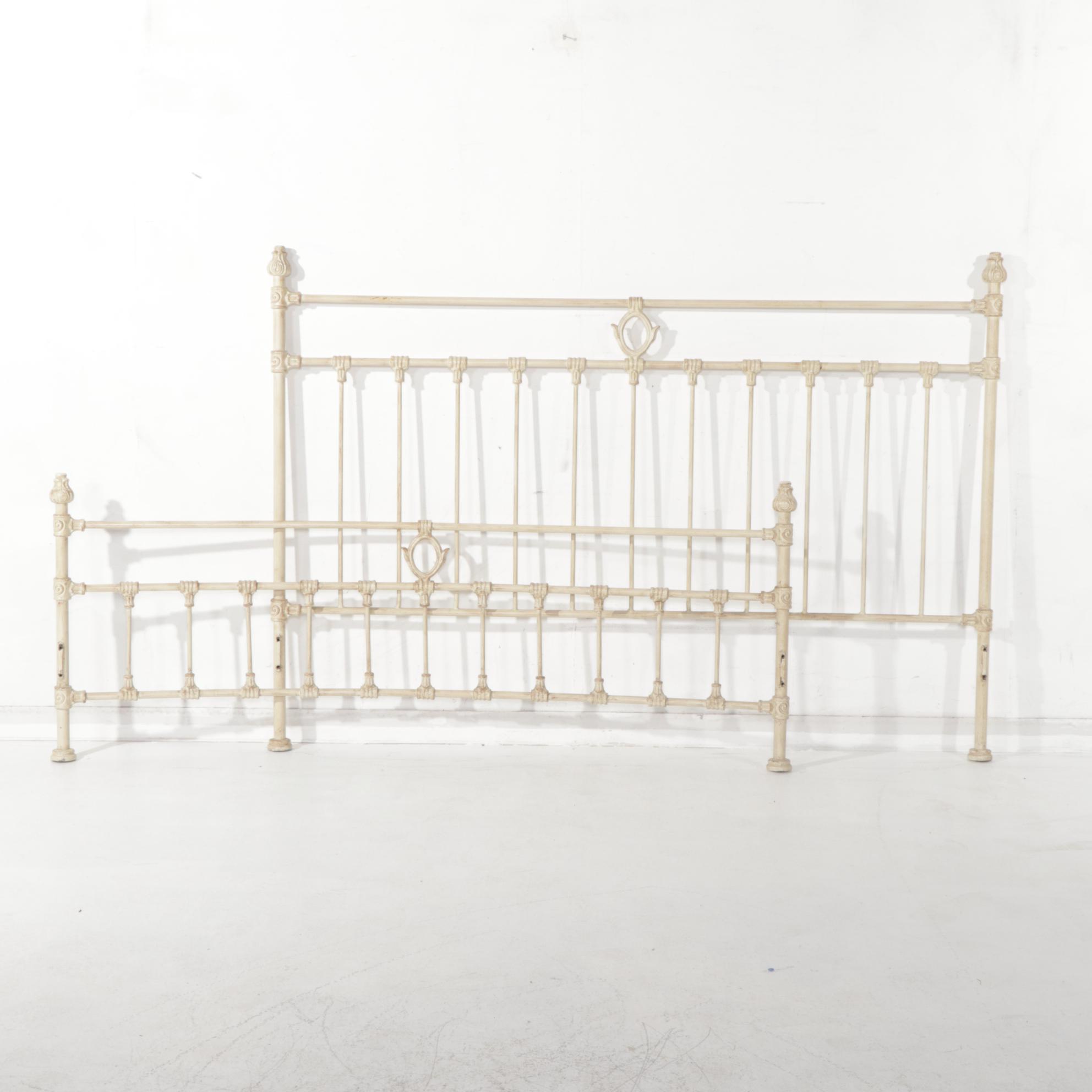 Victorian Style Antiqued Ivory Metal King Size Headboard and Foot Board