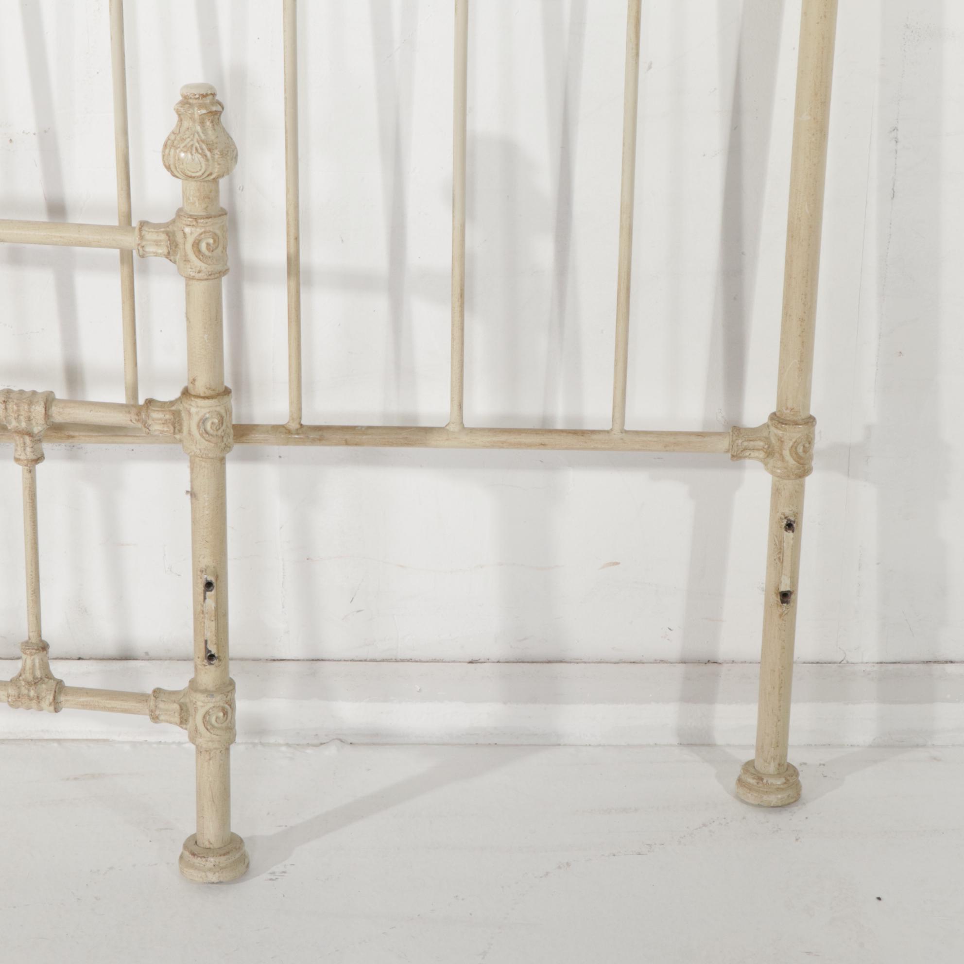 Victorian Style Antiqued Ivory Metal King Size Headboard and Foot Board