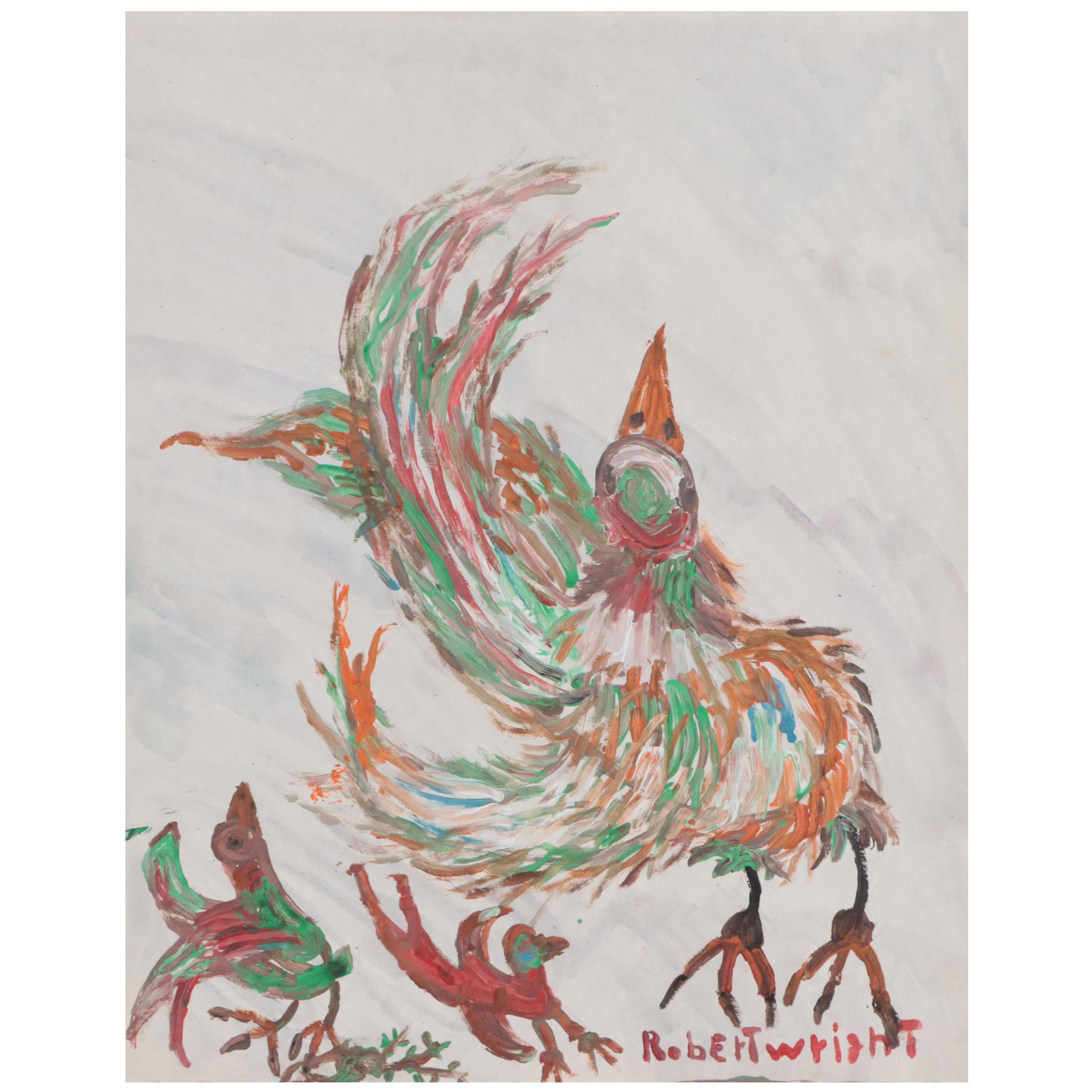 Robert Wright Folk Art Acrylic Painting of Bird, Late 20th Century