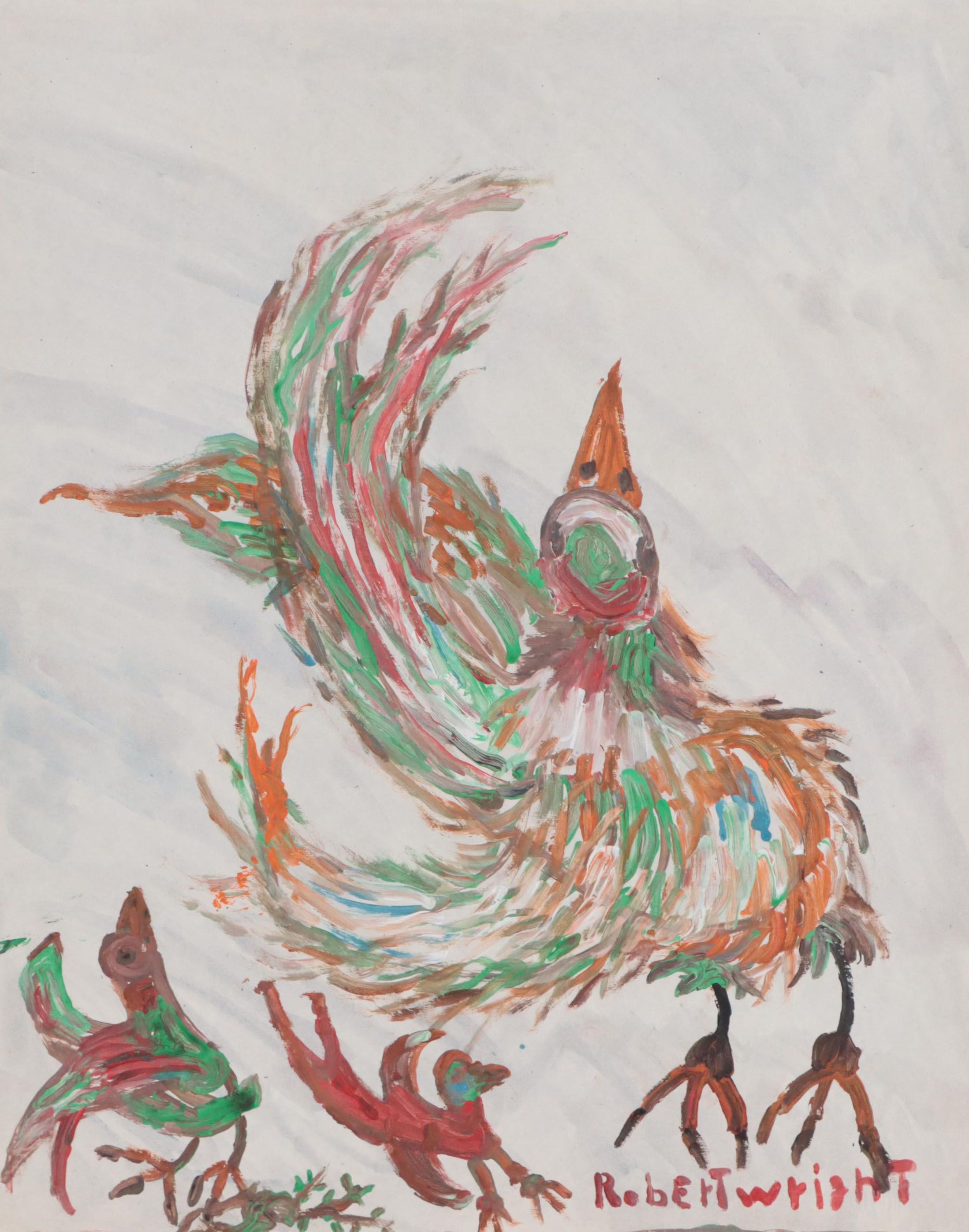 Robert Wright Folk Art Acrylic Painting of Bird, Late 20th Century