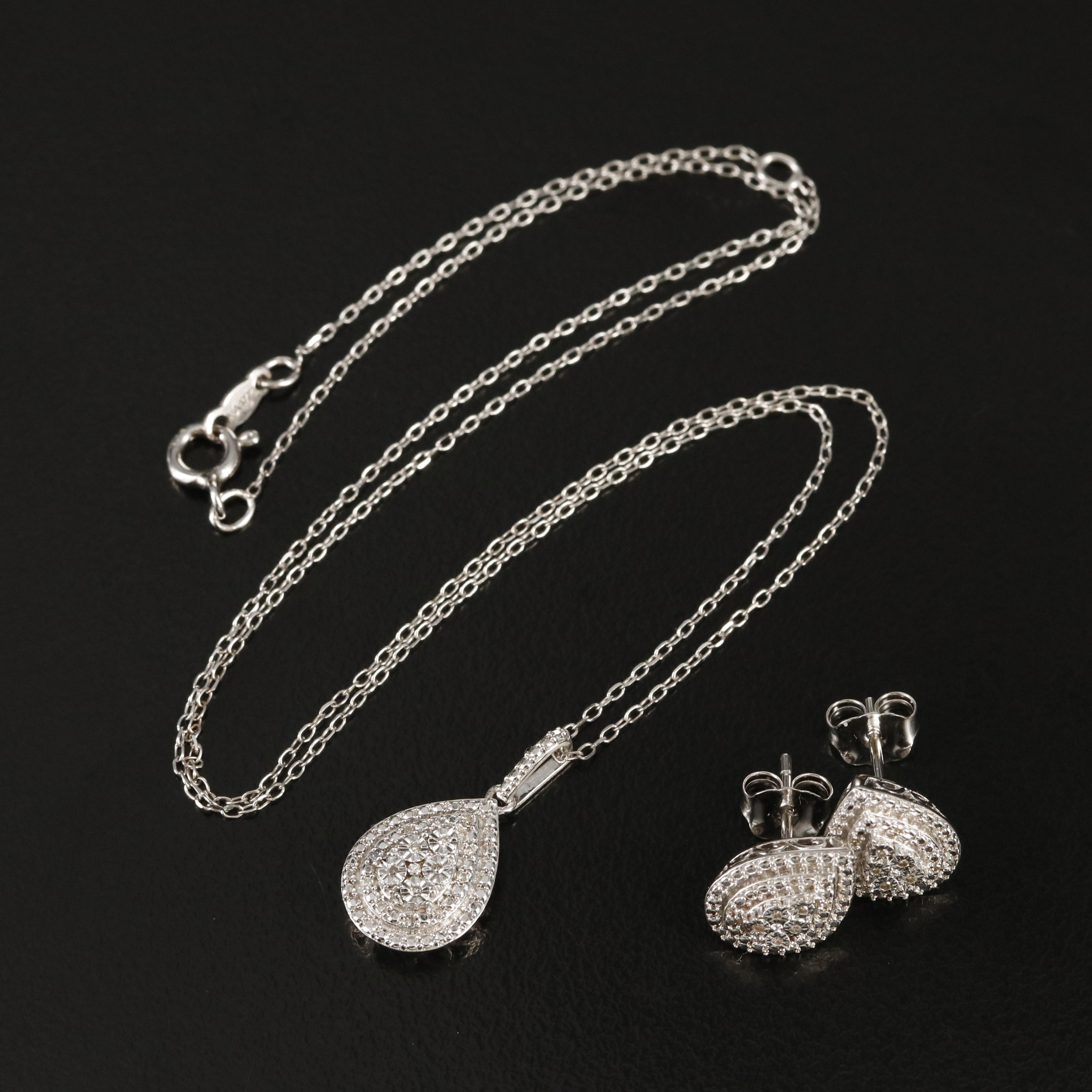 Sterling Diamond Teardrop Pendant Necklace and Earrings Set
