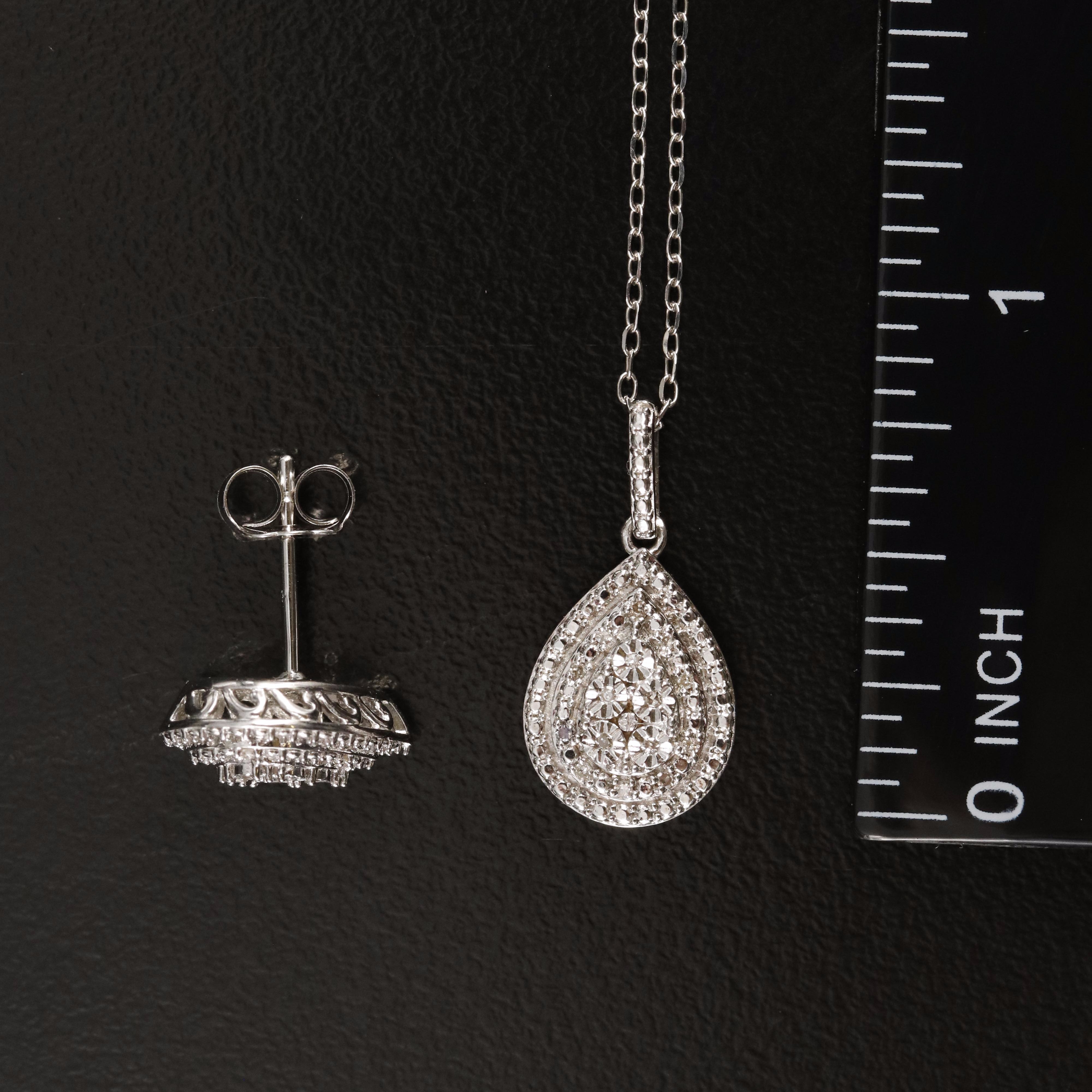 Sterling Diamond Teardrop Pendant Necklace and Earrings Set