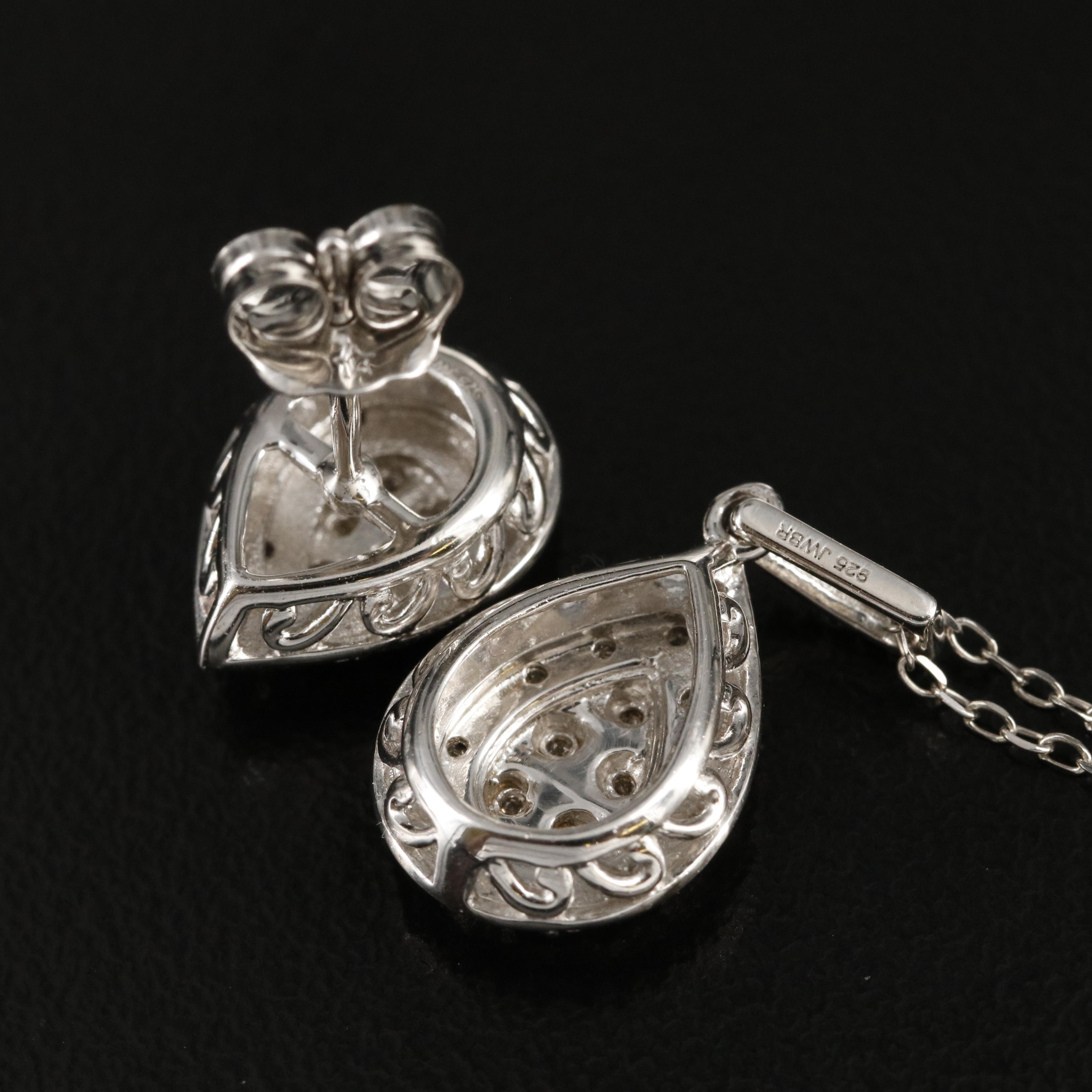 Sterling Diamond Teardrop Pendant Necklace and Earrings Set