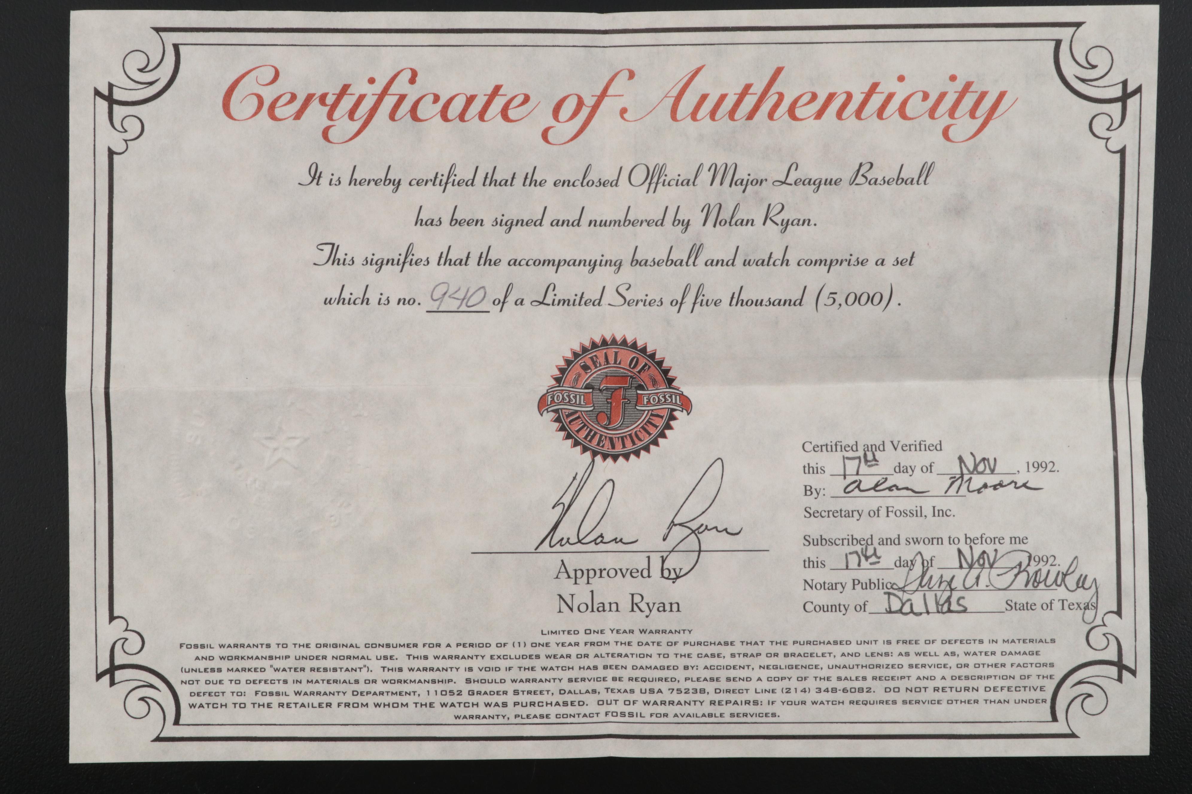 Nolan Ryan Signed Baseball with Fossil Wrist Watch Limited Edition Box Set, 1993