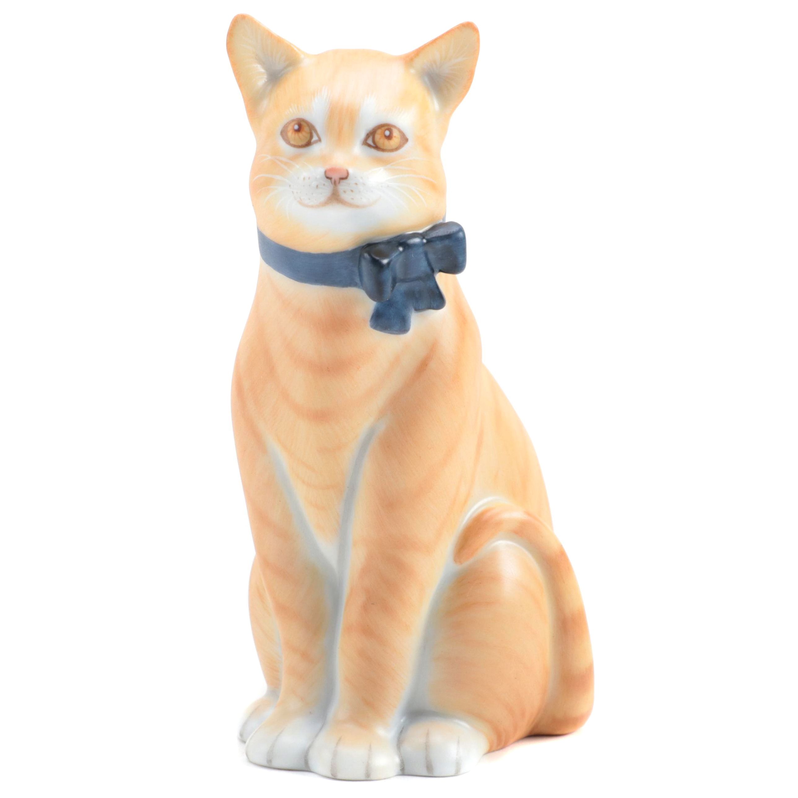 Herend Natural "Cat with Bow" Porcelain Figurine