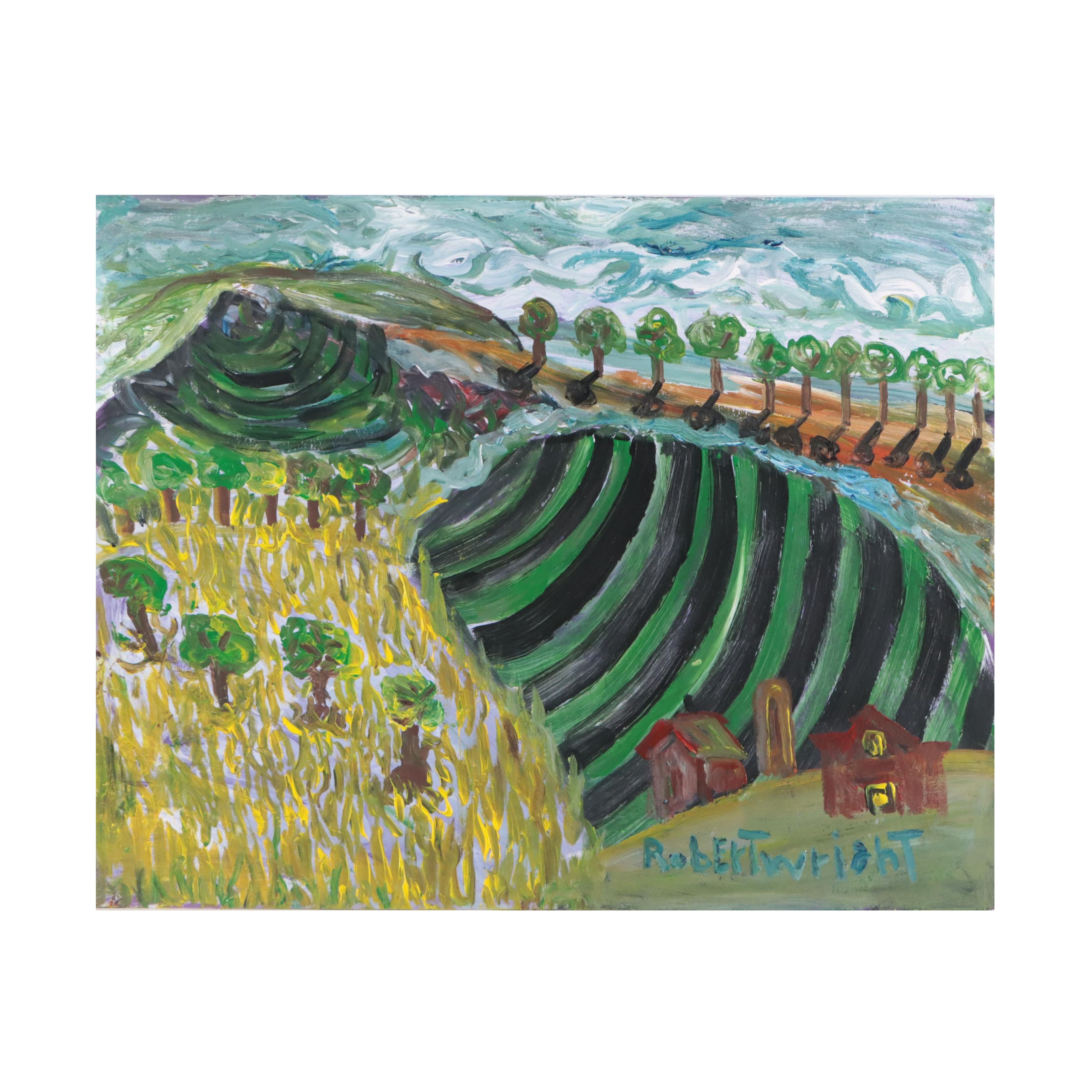 Robert Wright Folk Art Landscape Acrylic Painting, Late 20th Century