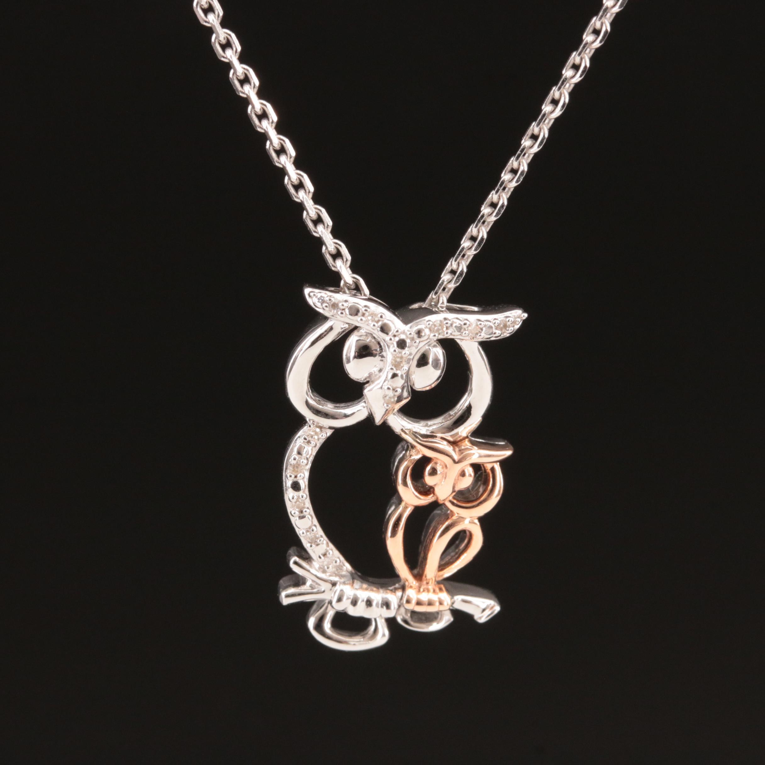 Sterling Diamond Owl and Baby Pendant Necklace with 10K Rose Gold Accent