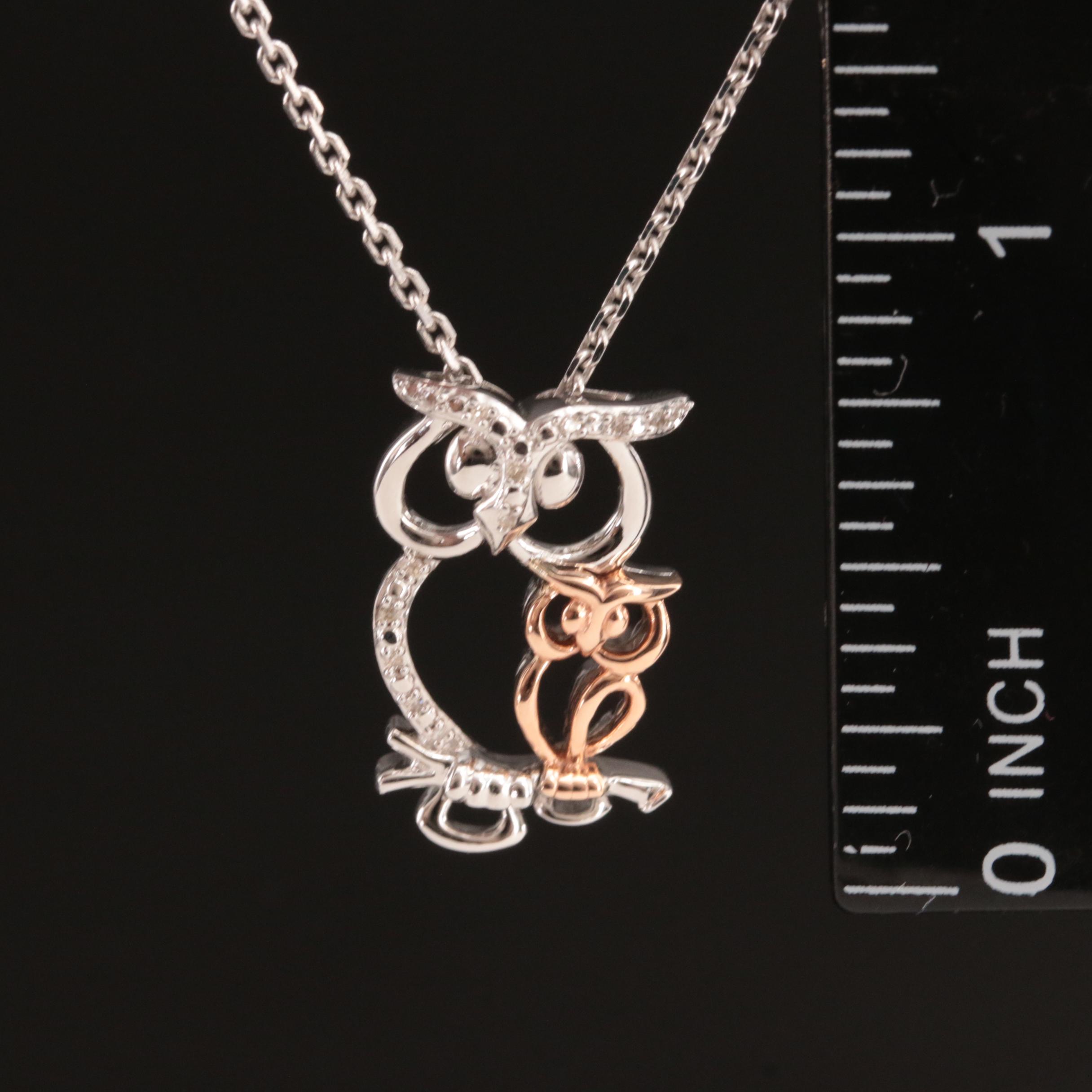 Sterling Diamond Owl and Baby Pendant Necklace with 10K Rose Gold Accent