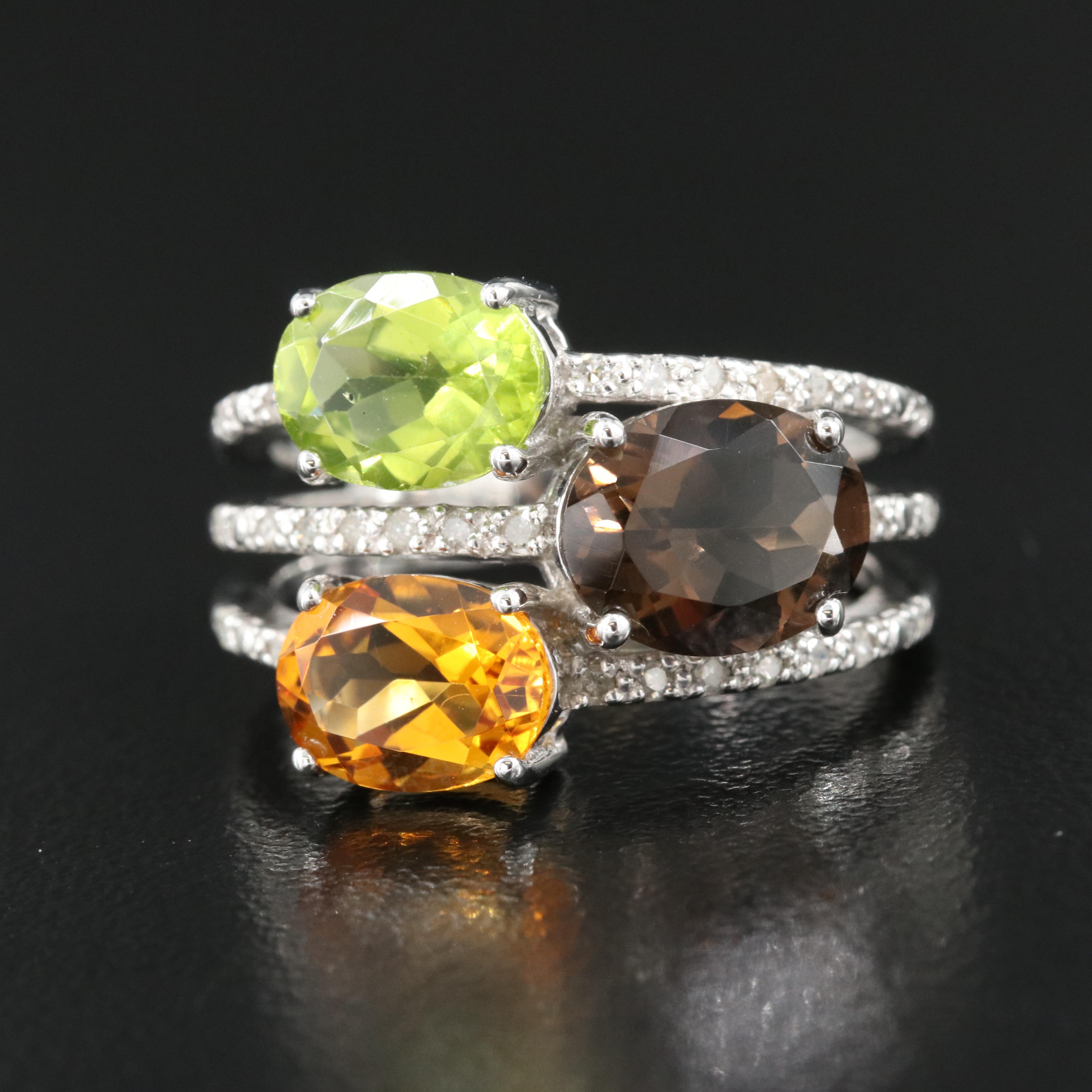 Sterling Ring Including Smoky Quartz, Peridot and Diamond