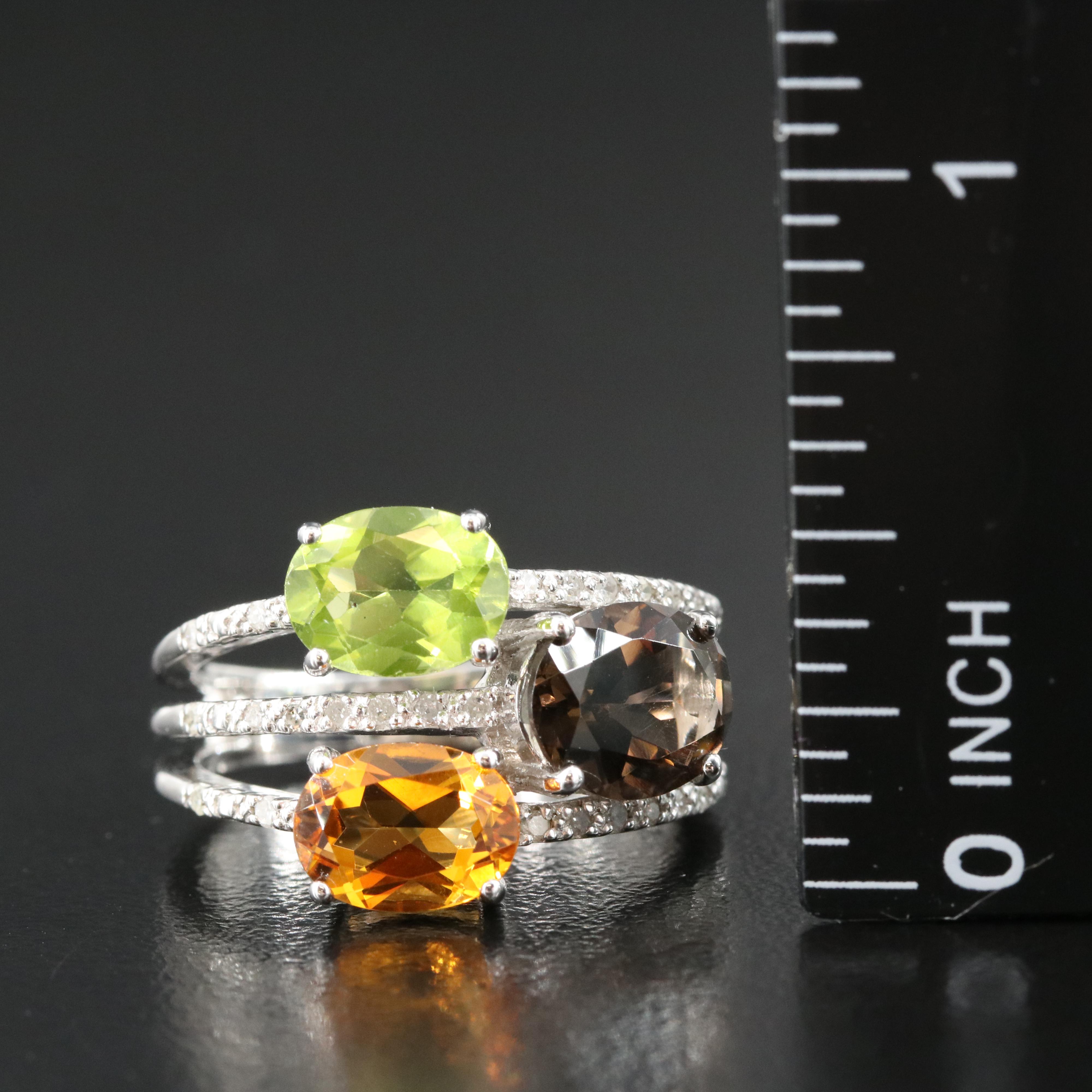 Sterling Ring Including Smoky Quartz, Peridot and Diamond