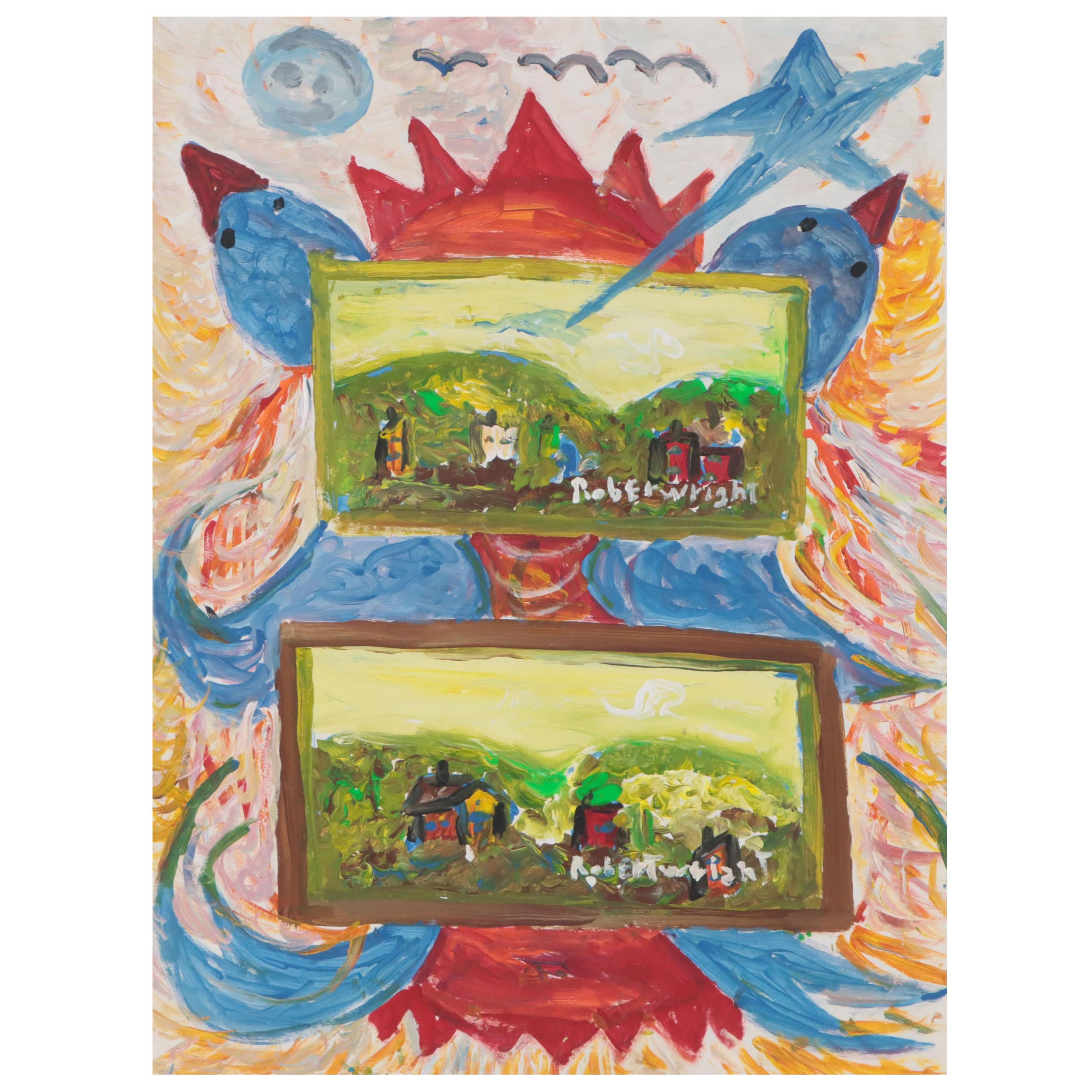 Robert Wright Folk Art Acrylic Painting of Bird Motif and Landscapes