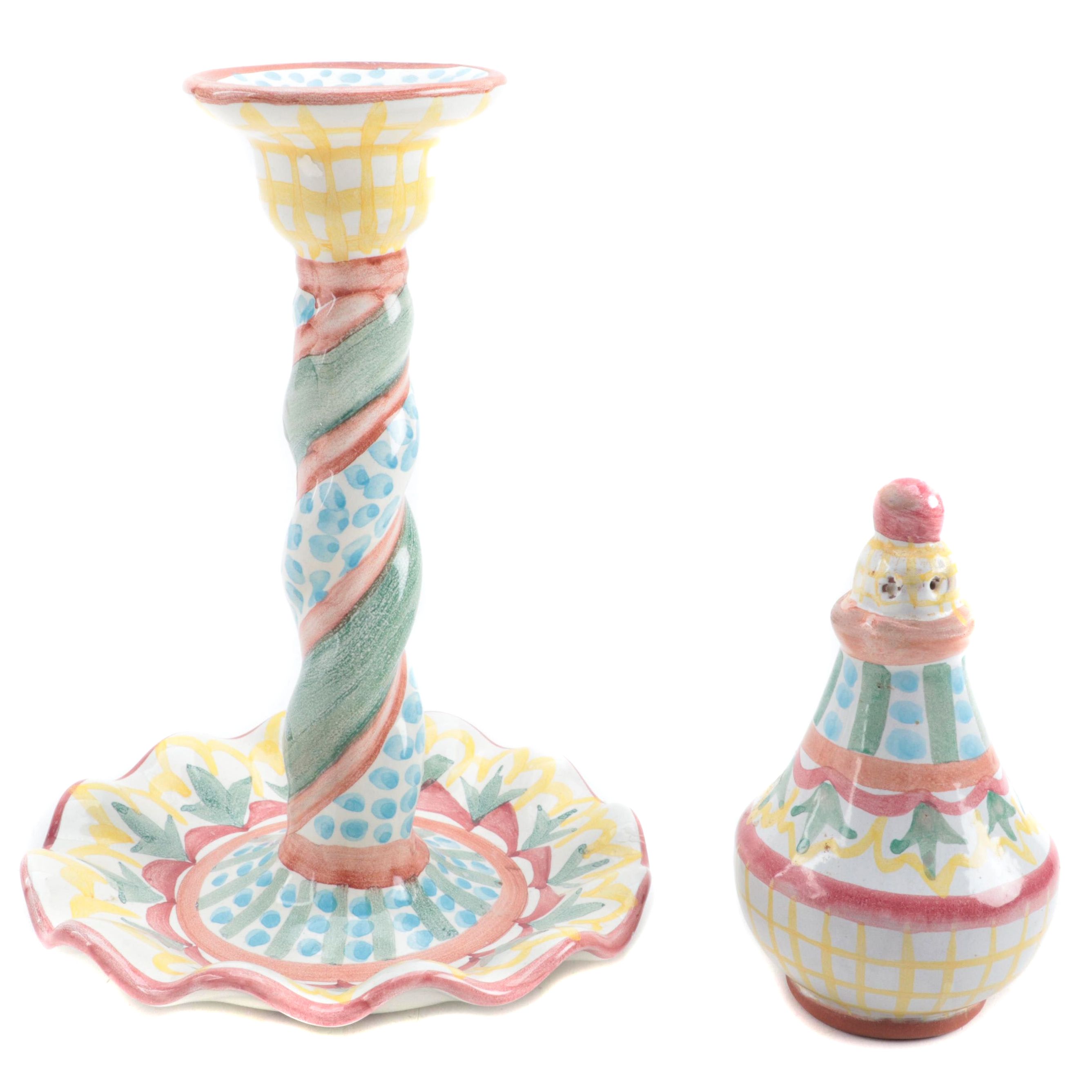 MacKenzie Childs "Madison" Earthenware Twist Candlestick and Shaker