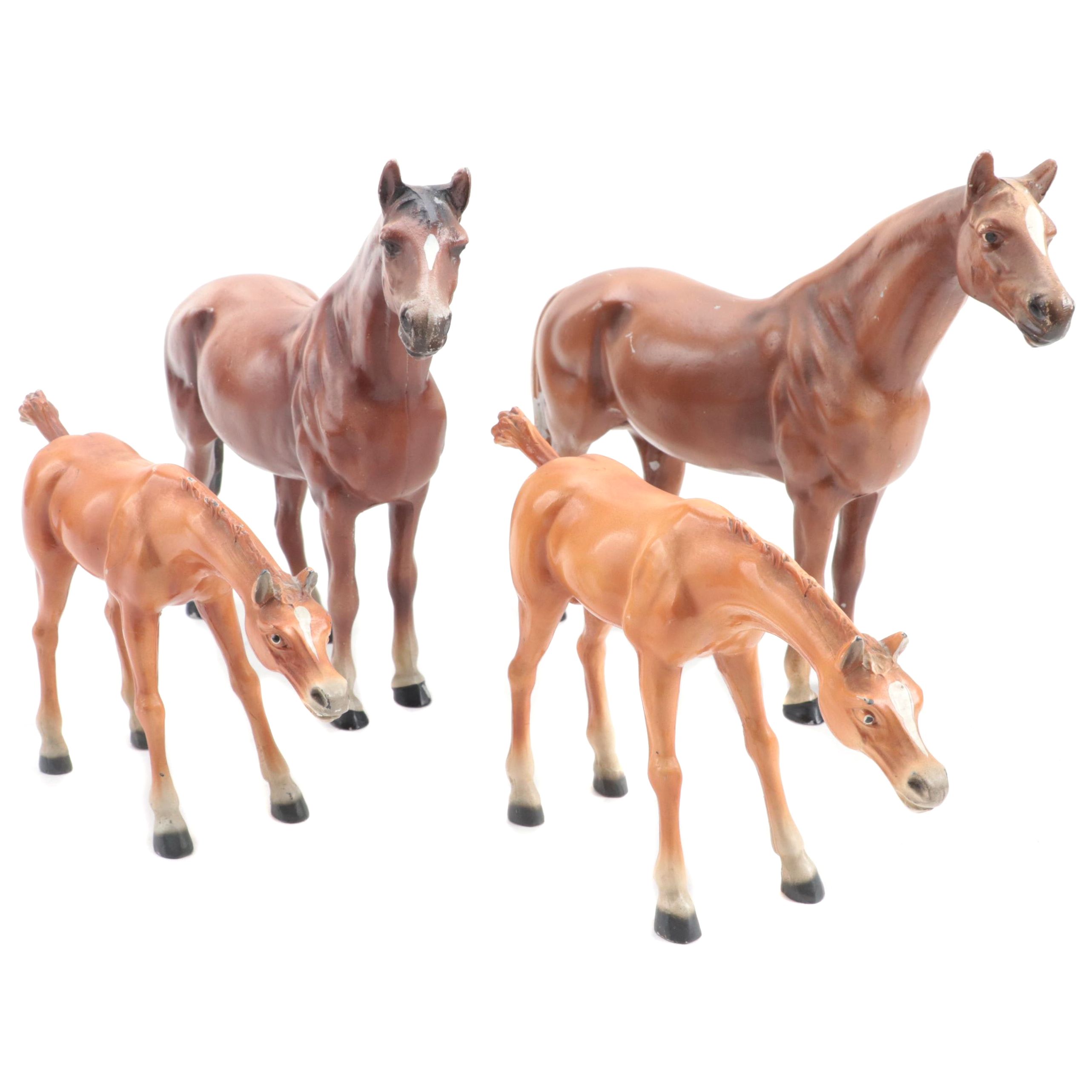 Painted Cast Metal Horse and Foal Figurines, Mid-20th Century