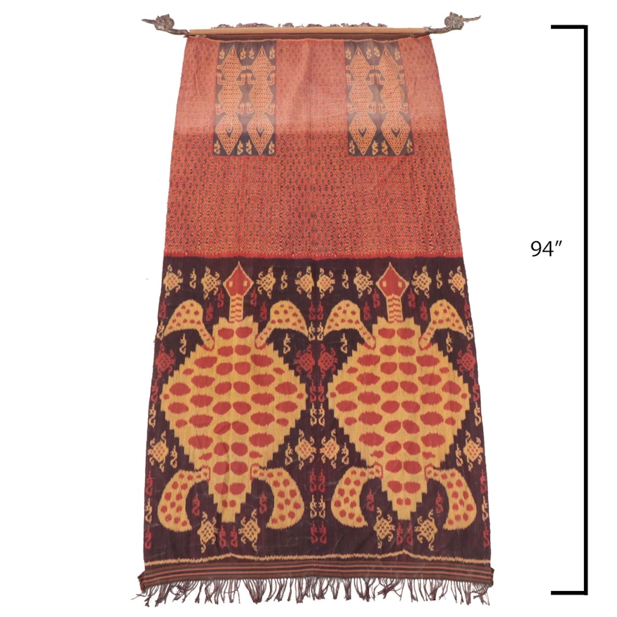 Indonesian Sumba Handwoven Ikat Turtle Hanging Panel With Carved Hanger