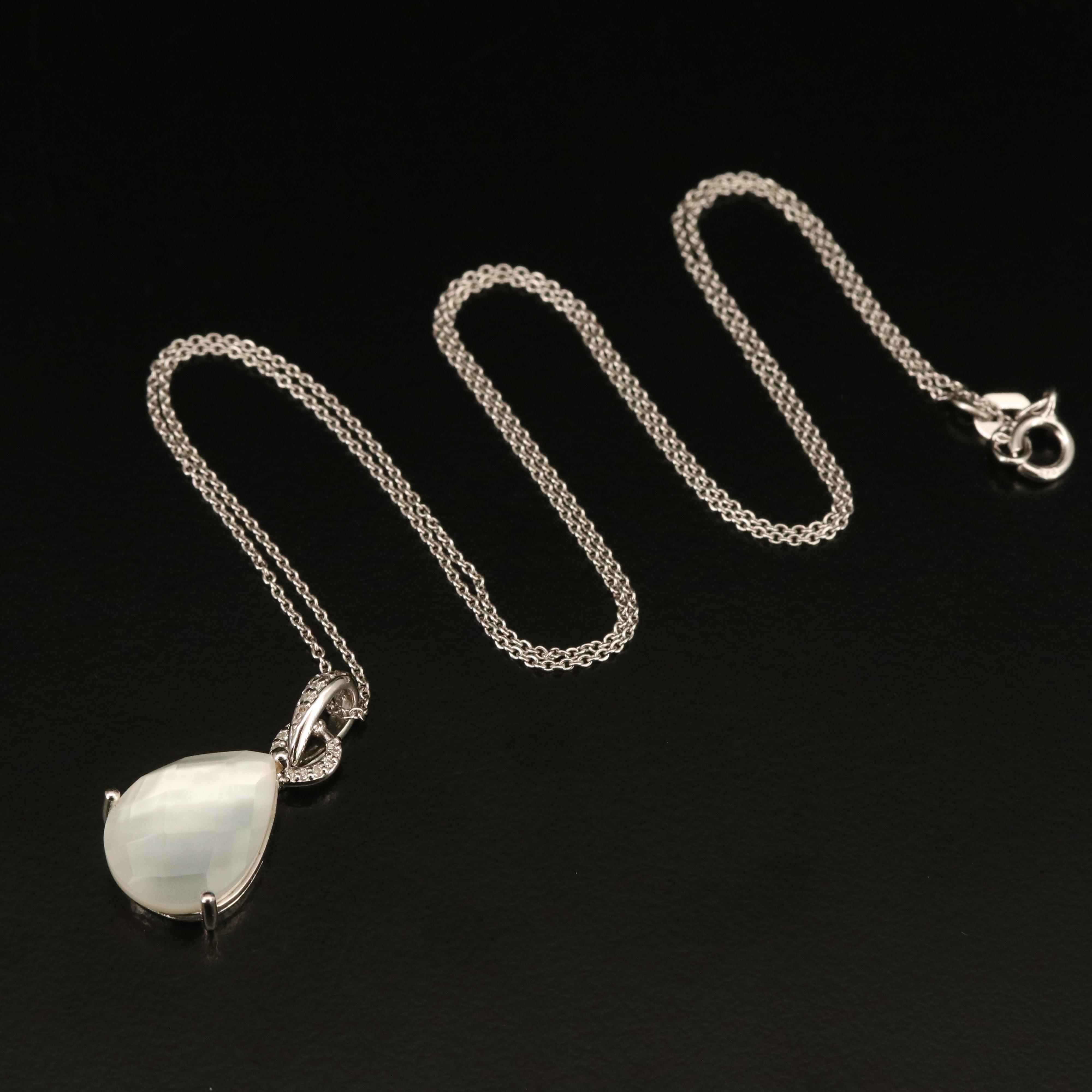 Sterling Diamond, Quartz and Mother-of-Pearl Doublet Pendant Necklace