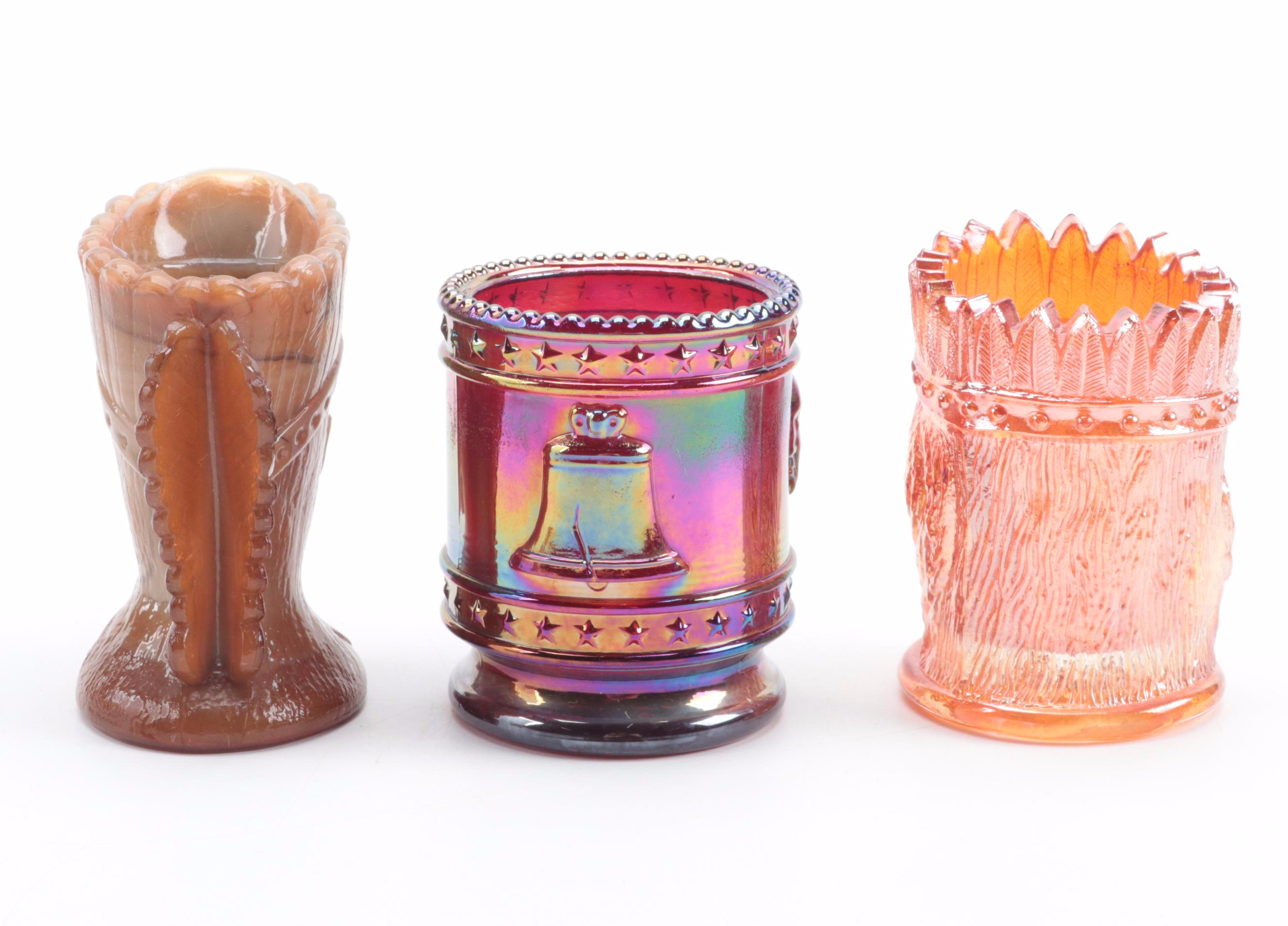 St. Clair Carnival and Other Glass Toothpick Holders and Commemorative Plates