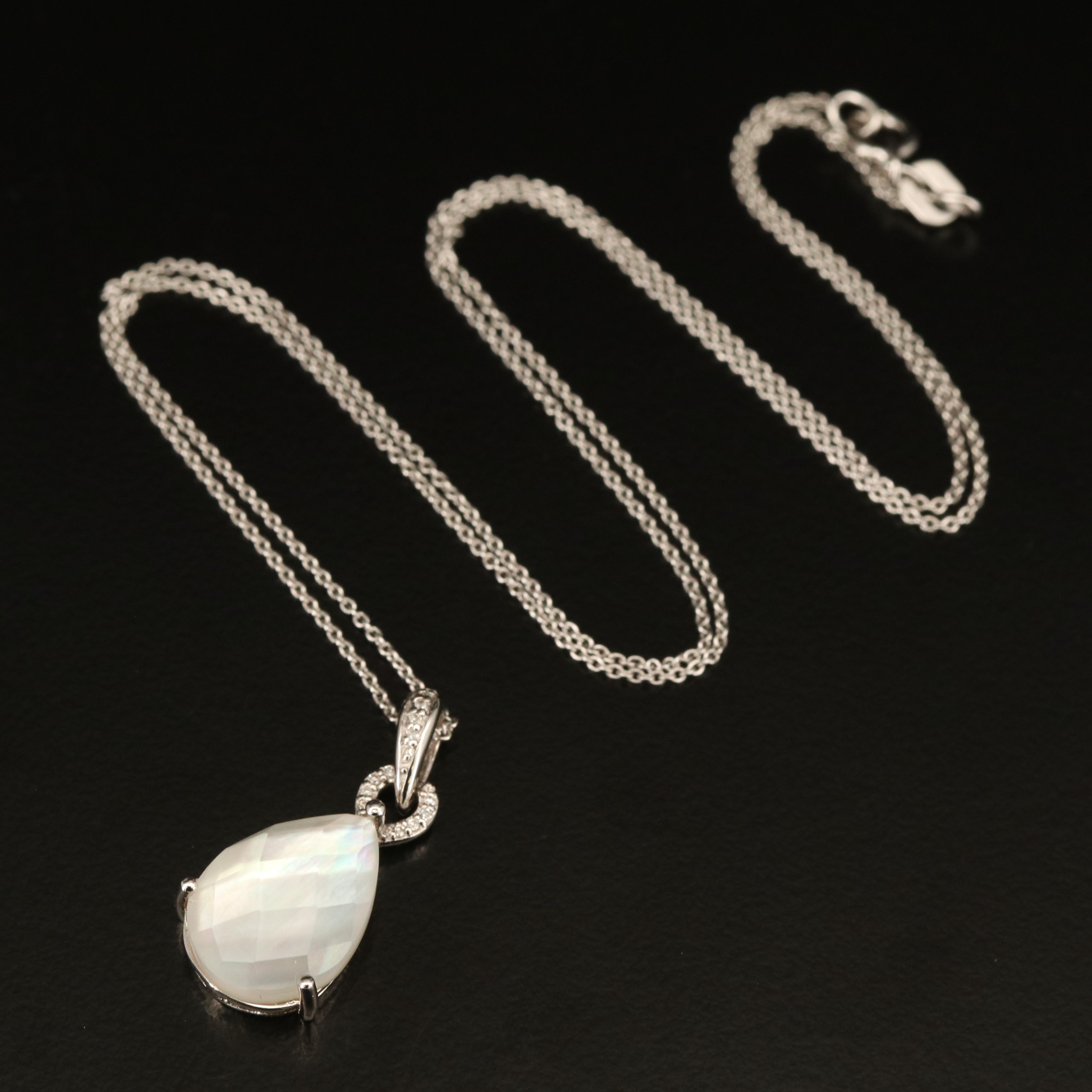 Sterling Diamond, Quartz and Mother-of-Pearl Doublet Pendant Necklace