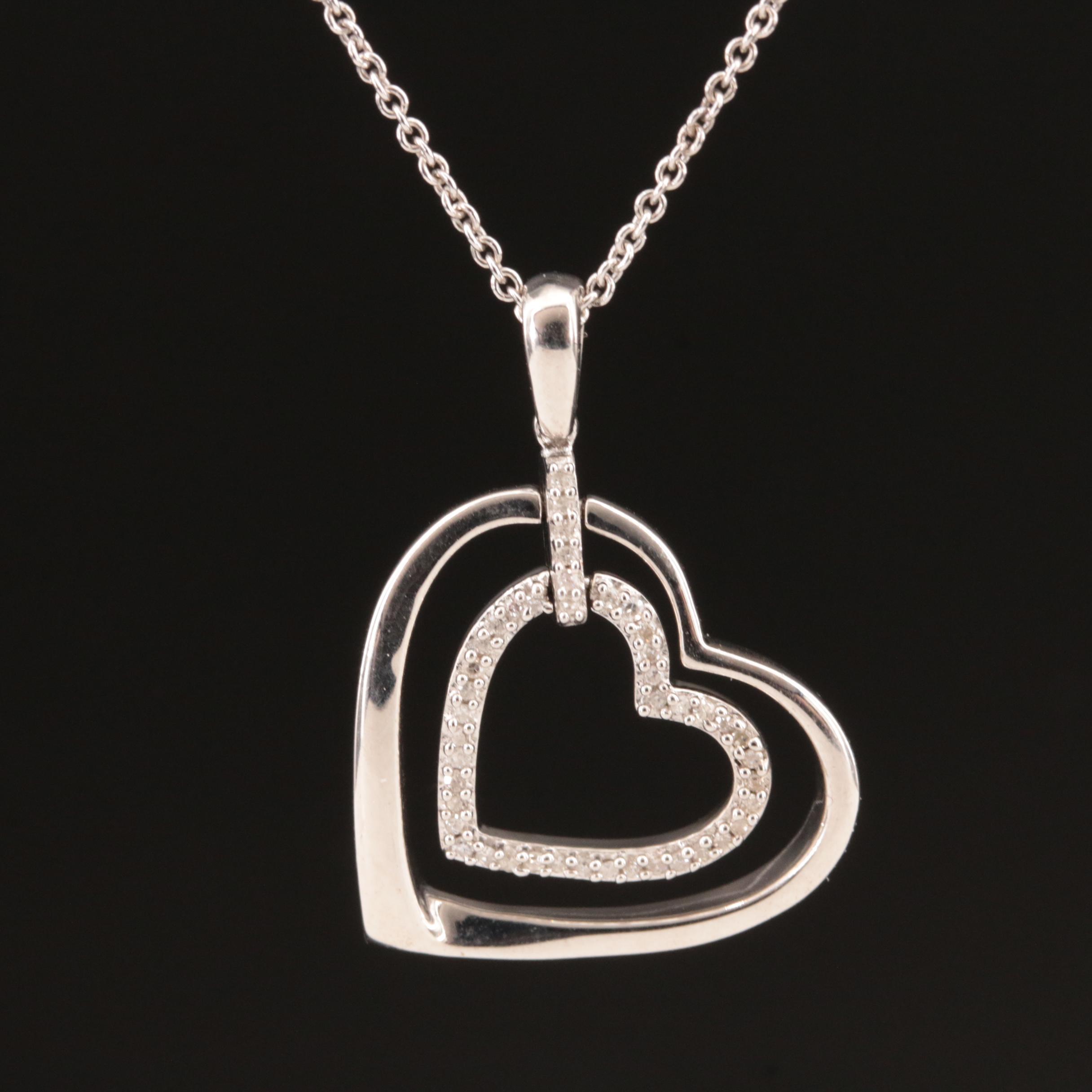 Sterling Diamond Double Heart Pendant Necklace