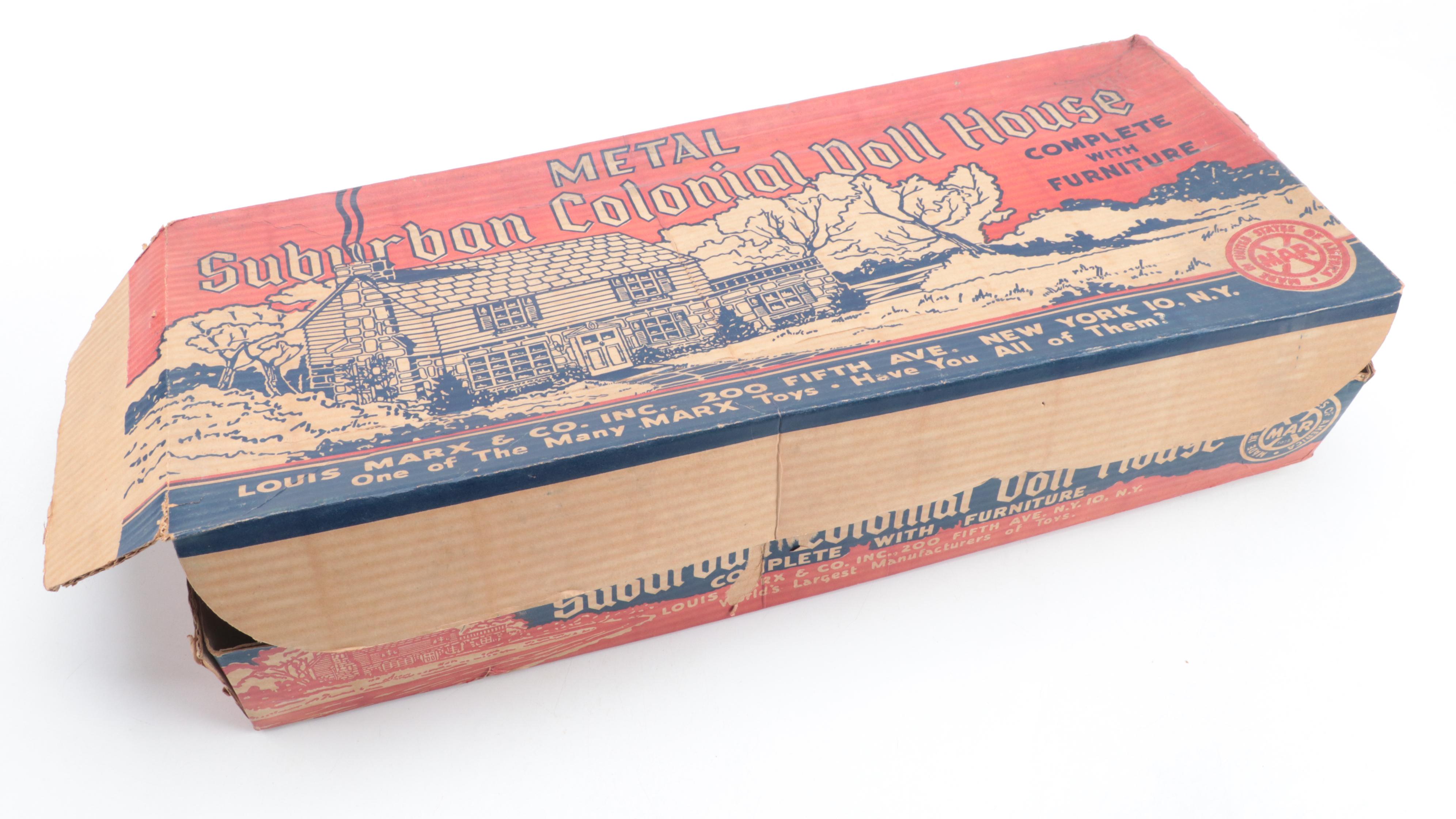 Louis Marx & Co. Metal Suburban Colonial Doll House Set, Mid-20th Century