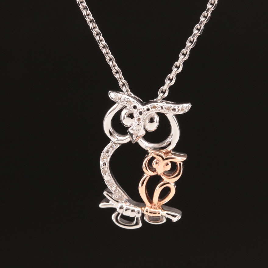 Sterling Diamond Owl Pendant Necklace with 10K Rose Gold Owl Accent