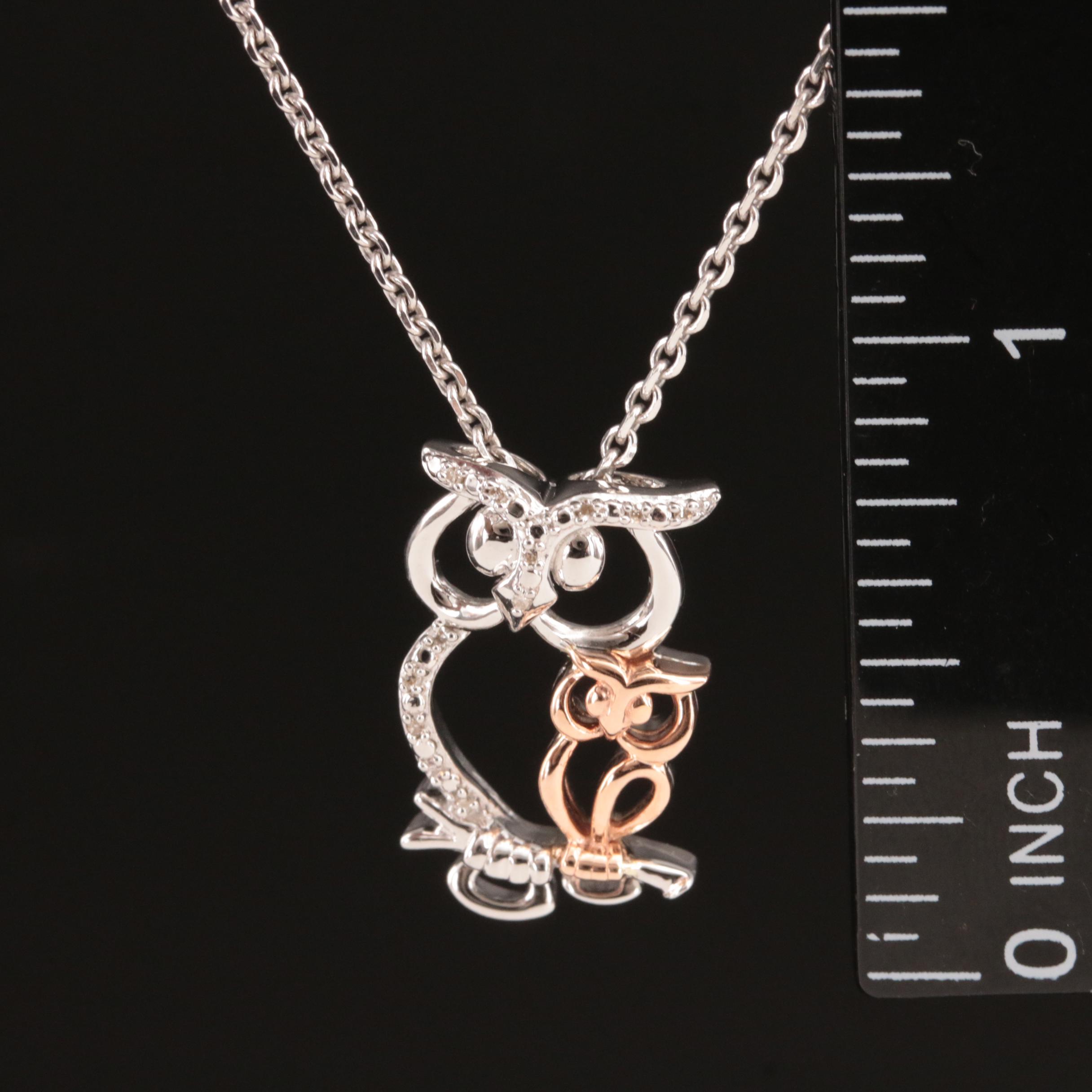 Sterling Diamond Owl Pendant Necklace with 10K Rose Gold Owl Accent