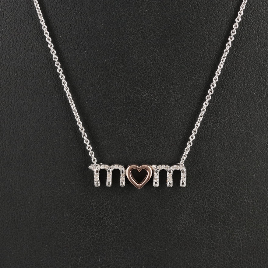 Sterling Diamond Mom with Heart Necklace with 10K Rose Gold Accent